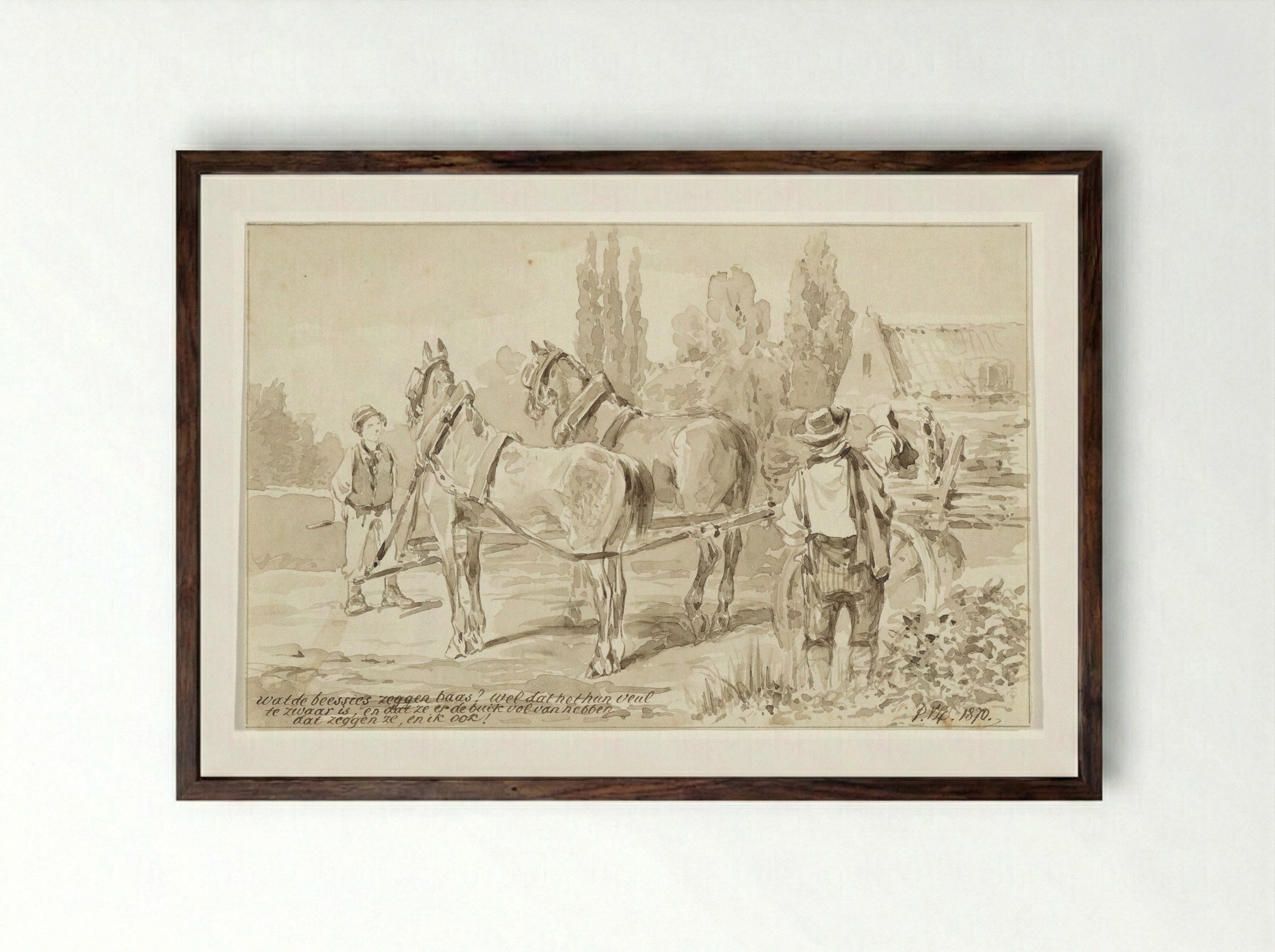 Knecht bij paard en wagen - Pieter van Loon - Framed Print Dark Wood