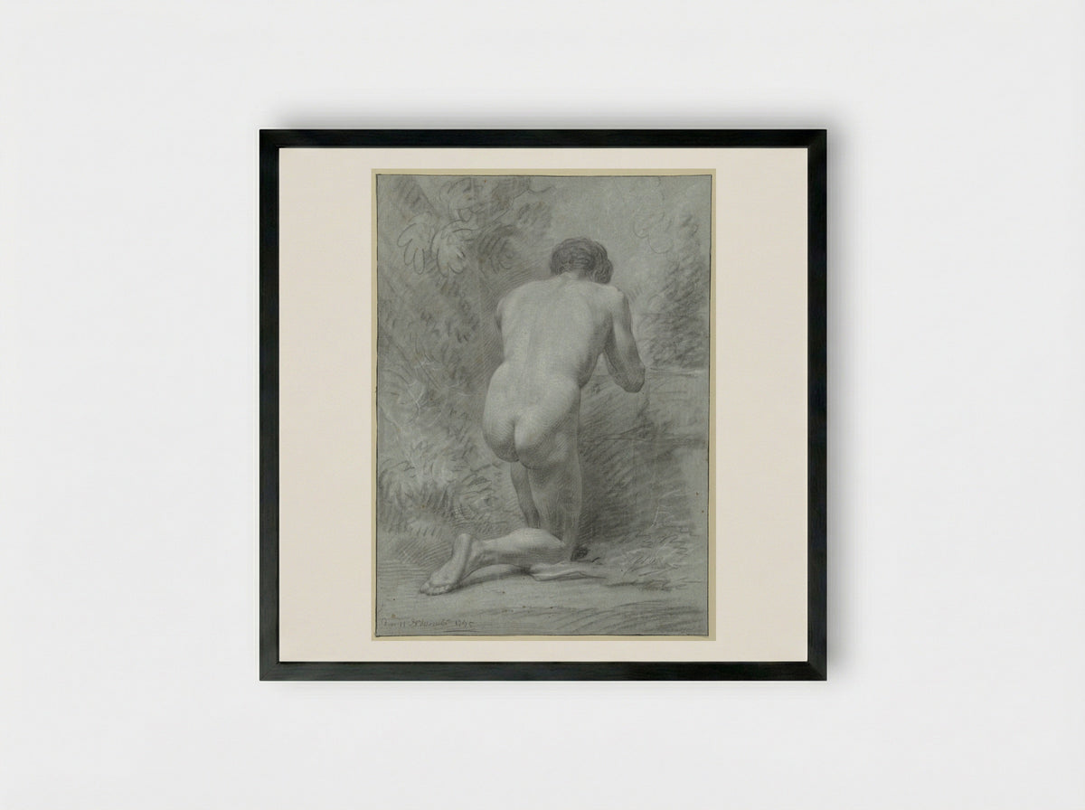 Kneeling Male Nude, Seen from the Back - Jean Grandjean - Framed Print Black