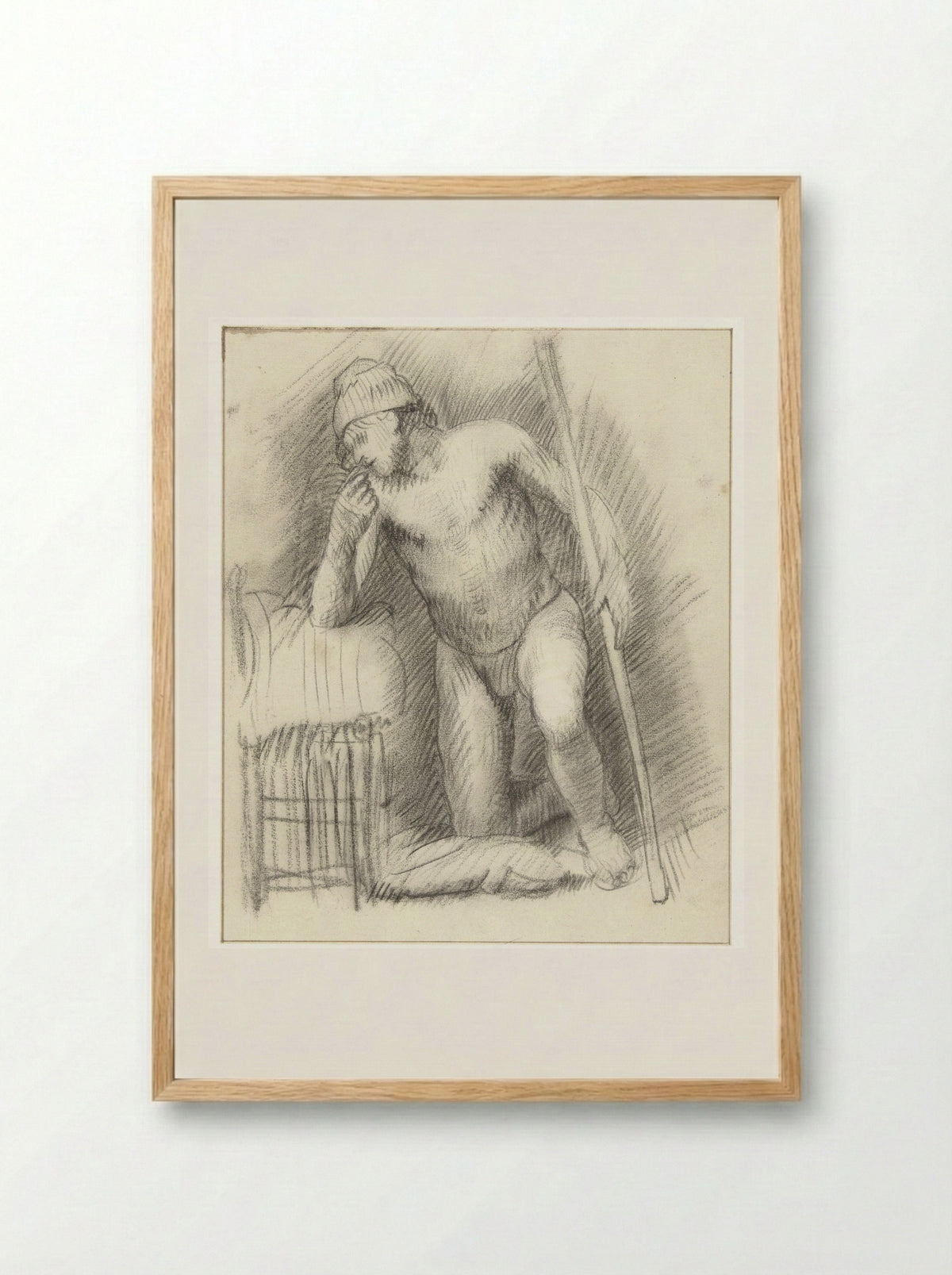 Kneeling Male Nude with a Staff - Constantijn à Renesse - Framed Print Wood