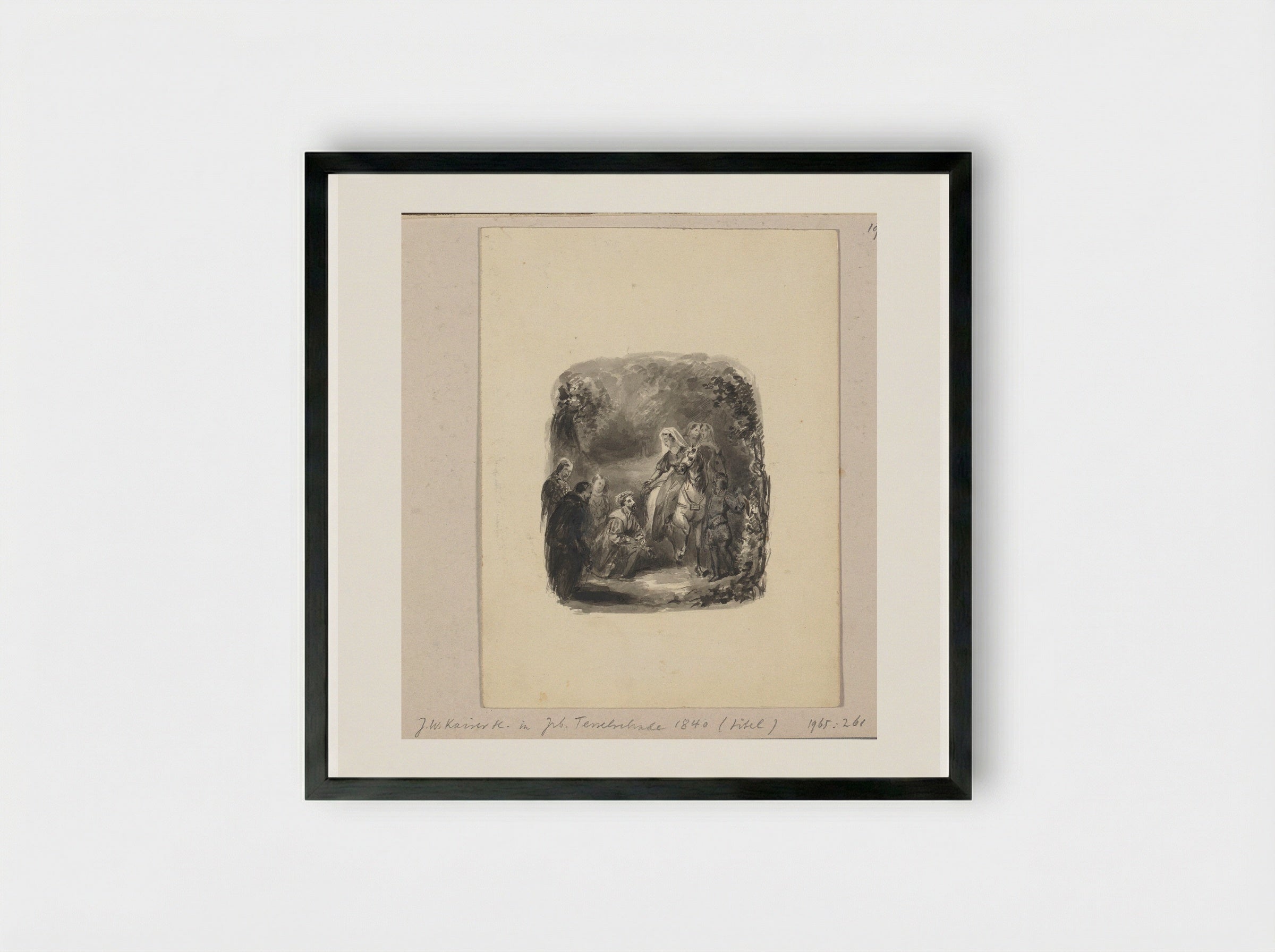 Knielende man naast een vrouw te paard - Johann Wilhelm Kaiser (I) - Framed Print Black