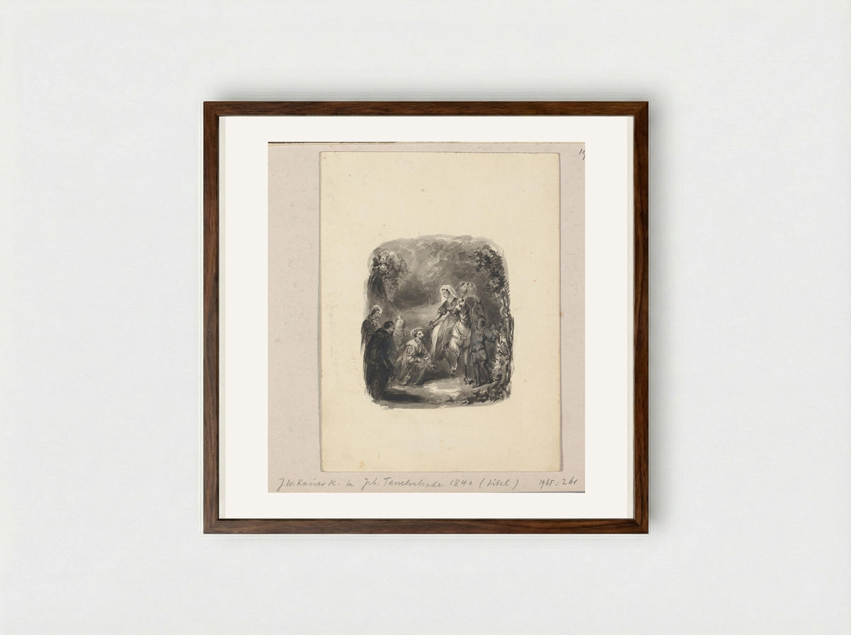 Knielende man naast een vrouw te paard - Johann Wilhelm Kaiser (I) - Framed Print Dark Wood