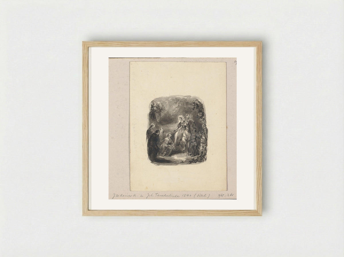 Knielende man naast een vrouw te paard - Johann Wilhelm Kaiser (I) - Framed Print Wood