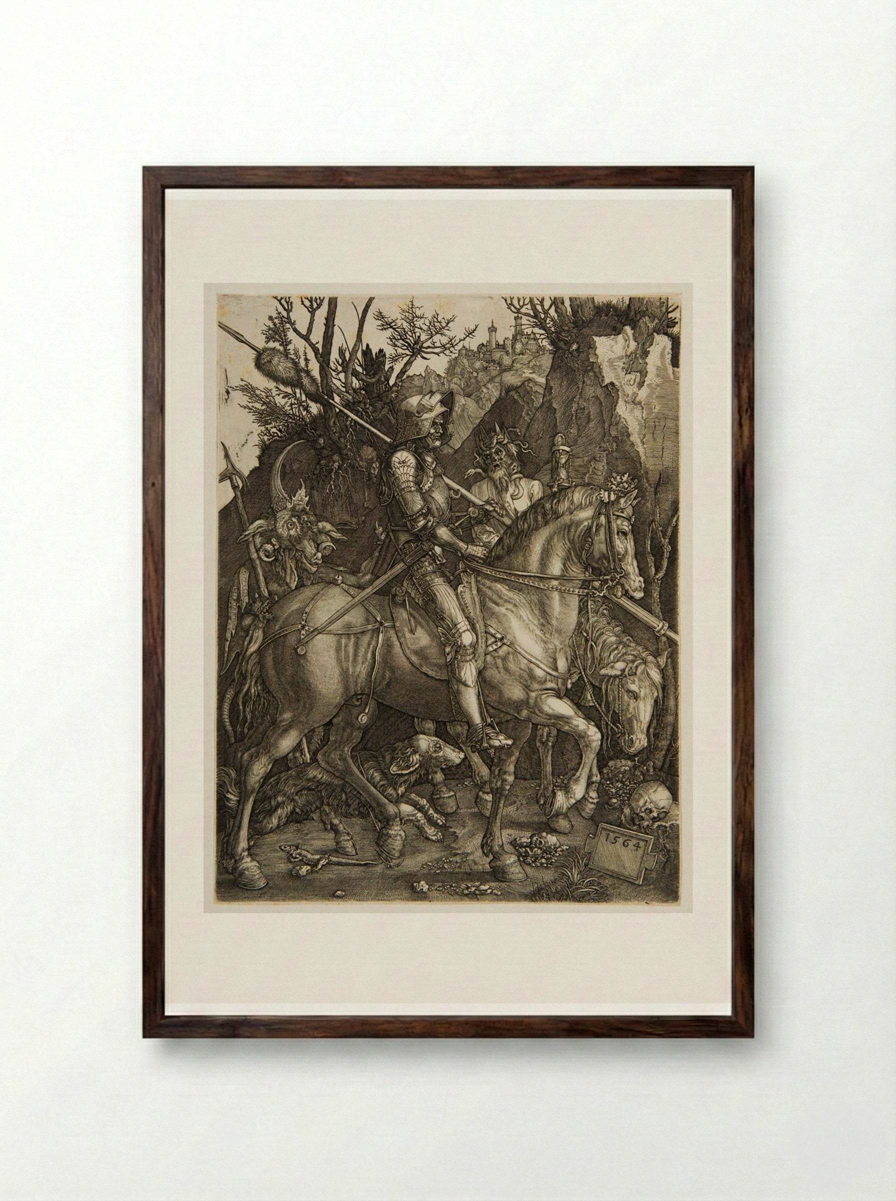 Knight, Death and the Devil (reverse copy) - Johannes Wierix - Framed Print Dark Wood