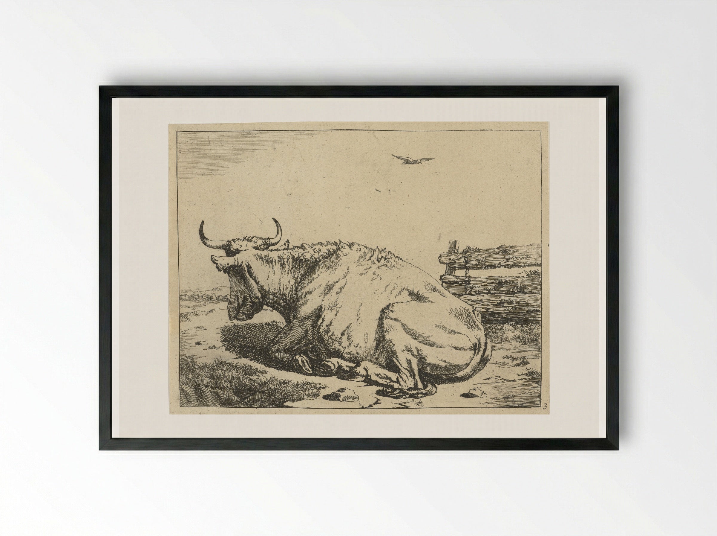 Koe liggend bij hek - Marcus de Bye - Framed Print Black