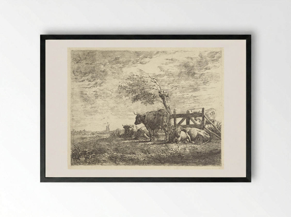 Koeien bij een hek en een knotwilg - Albertus Verhoesen - Framed Print Black