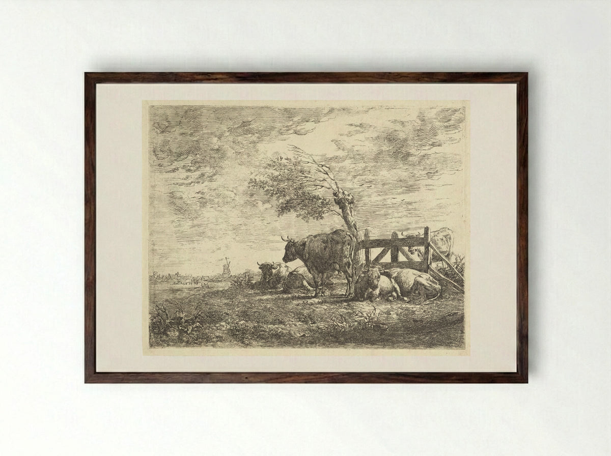 Koeien bij een hek en een knotwilg - Albertus Verhoesen - Framed Print Dark Wood