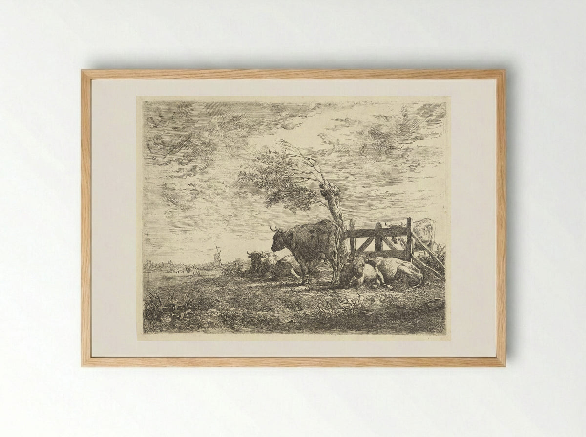 Koeien bij een hek en een knotwilg - Albertus Verhoesen - Framed Print Wood