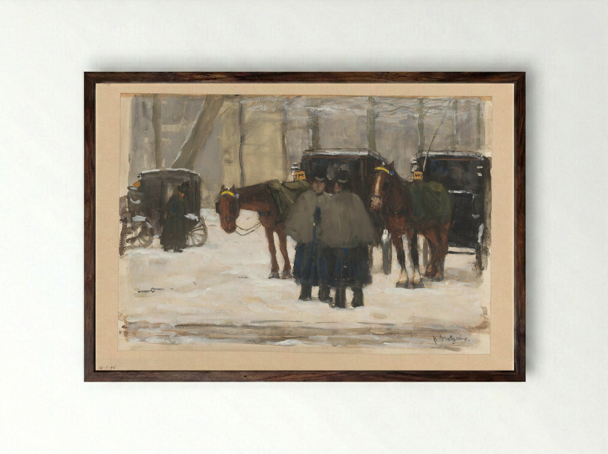 Koetsen en koetsiers in de sneeuw - Floris Arntzenius - Framed Print Dark Wood