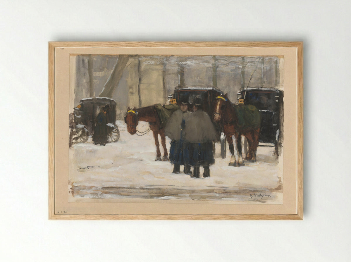 Koetsen en koetsiers in de sneeuw - Floris Arntzenius - Framed Print Wood
