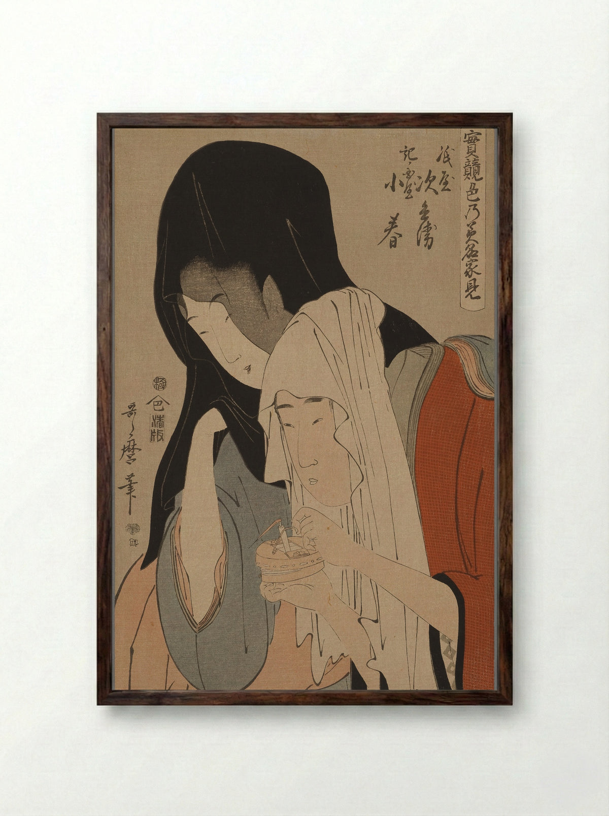 Koharu of the Kinokuniya and Kamiya Jihei - Kitagawa Utamaro - Framed Print Dark Wood