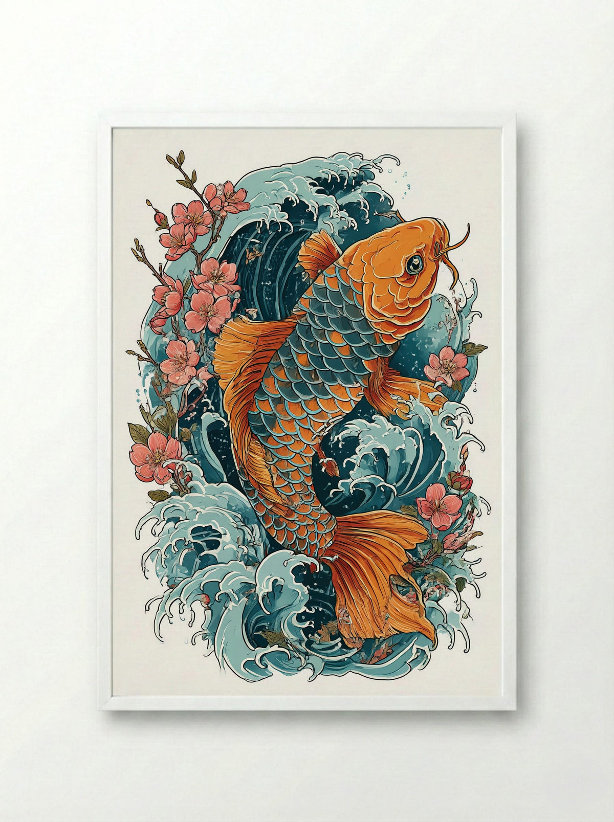 Koi Fish and Cherry Blossoms - Japanese Symbolic Art Print - Framed Print White