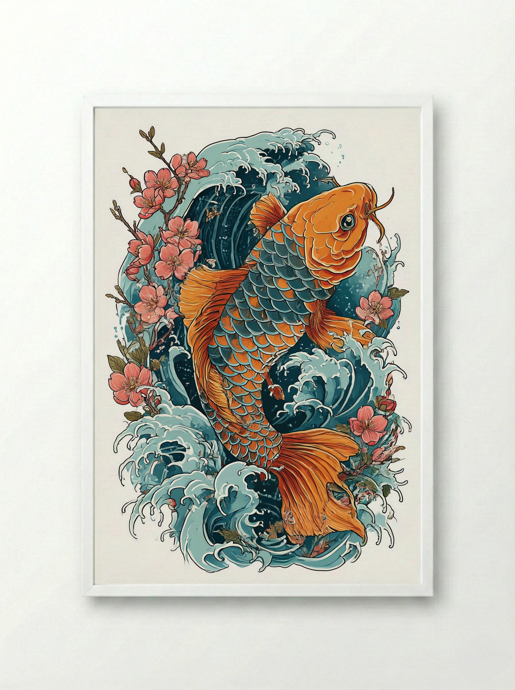 Koi Fish and Cherry Blossoms - Japanese Symbolic Art Print - Framed Print White