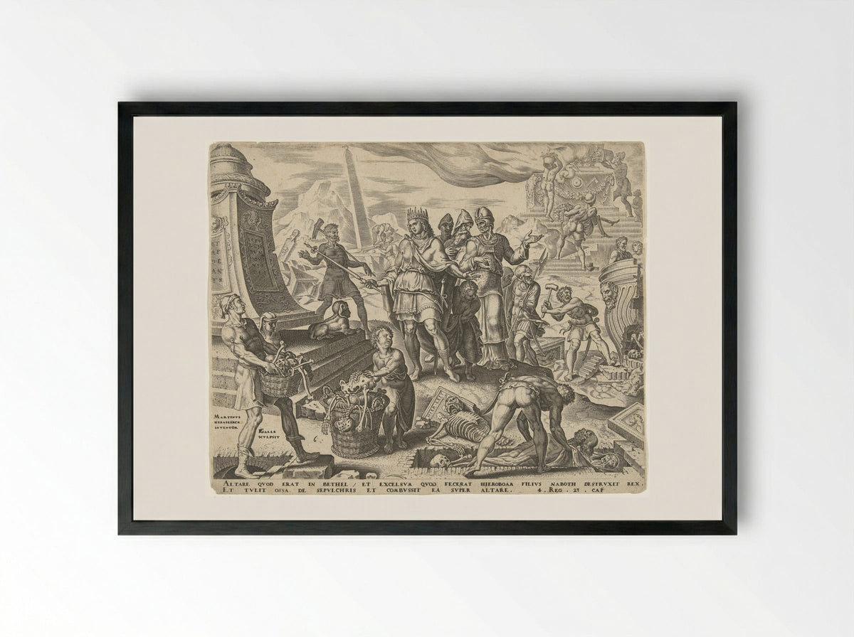 Koning Josia laat de offerplaats in Betel ontheiligen - Hieronymus Varlenius - Framed Print Black