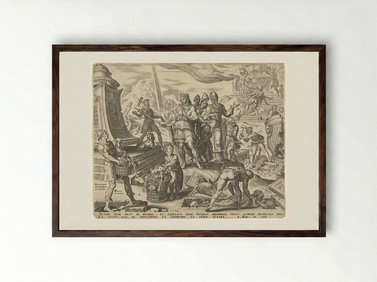 Koning Josia laat de offerplaats in Betel ontheiligen - Hieronymus Varlenius - Framed Print Dark Wood