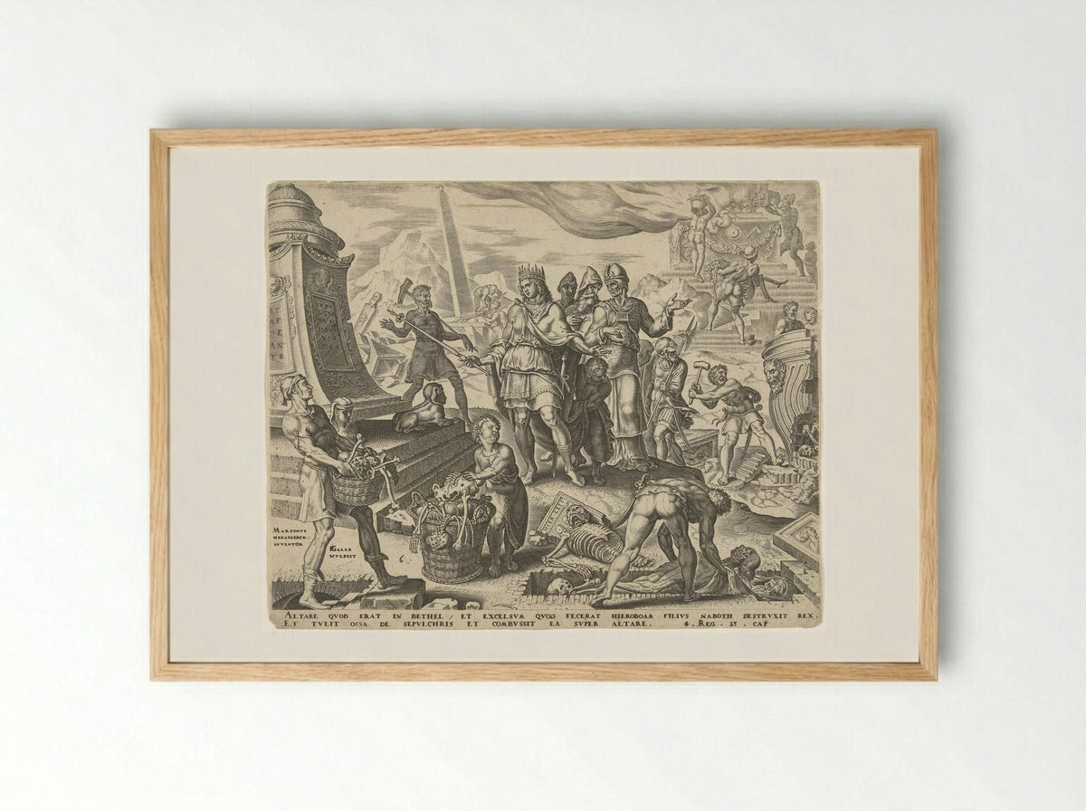 Koning Josia laat de offerplaats in Betel ontheiligen - Hieronymus Varlenius - Framed Print Wood