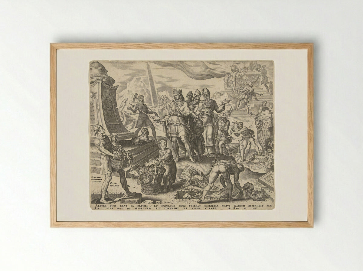 Koning Josia laat de offerplaats in Betel ontheiligen - Hieronymus Varlenius - Framed Print Wood