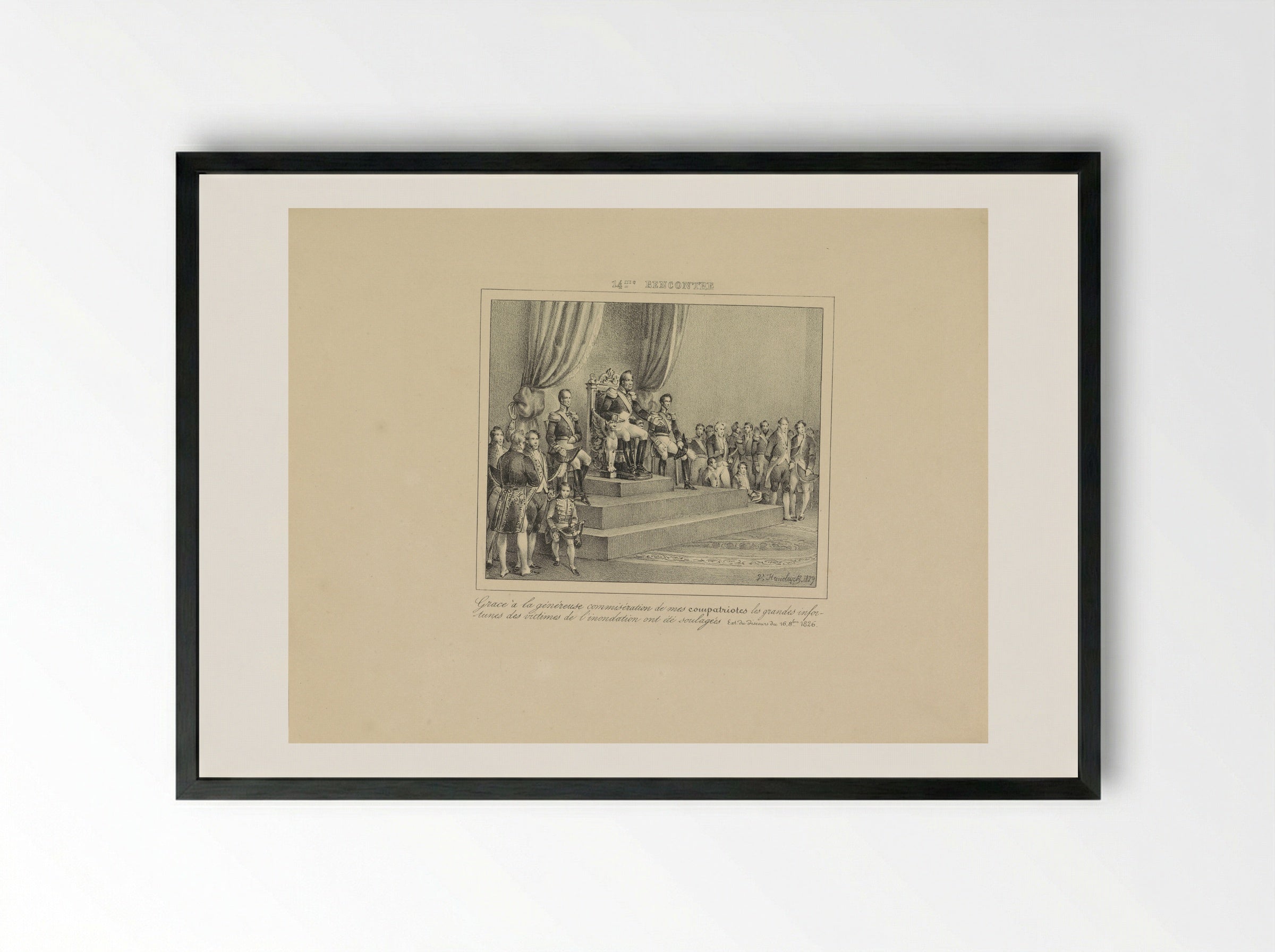 Koning Willem I geeft dank voor de hulp verleend aan de slachtoffers van de watersnood van 1826 - Jean Baptiste Ambroise Marcellin Jobard - Framed Print Black