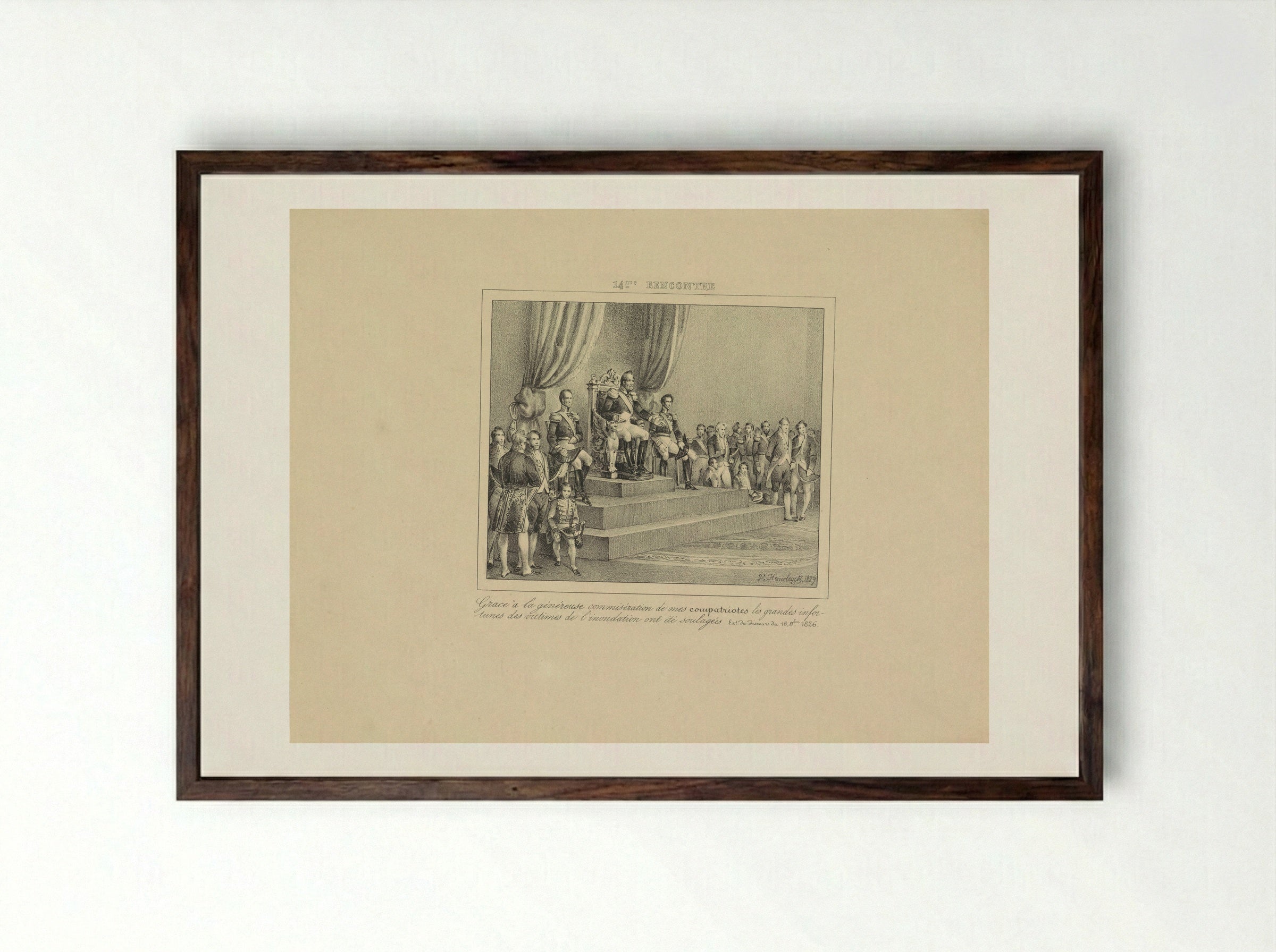 Koning Willem I geeft dank voor de hulp verleend aan de slachtoffers van de watersnood van 1826 - Jean Baptiste Ambroise Marcellin Jobard - Framed Print Dark Wood