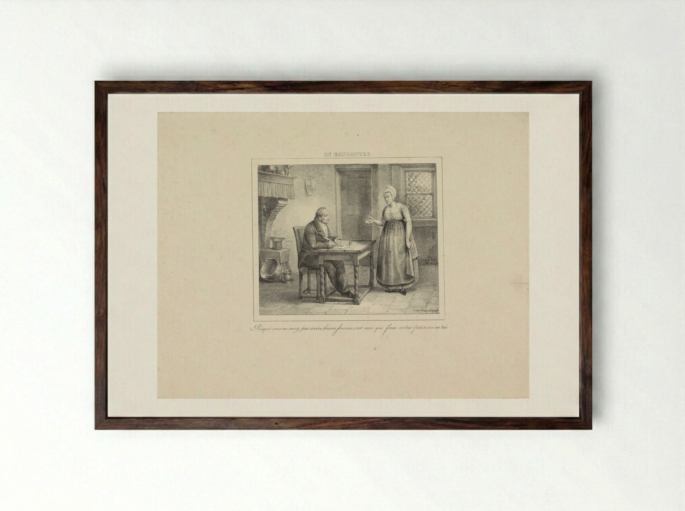 Koning Willem I schrijft een request voor een vrouw - Jean Baptiste Ambroise Marcellin Jobard - Framed Print Dark Wood