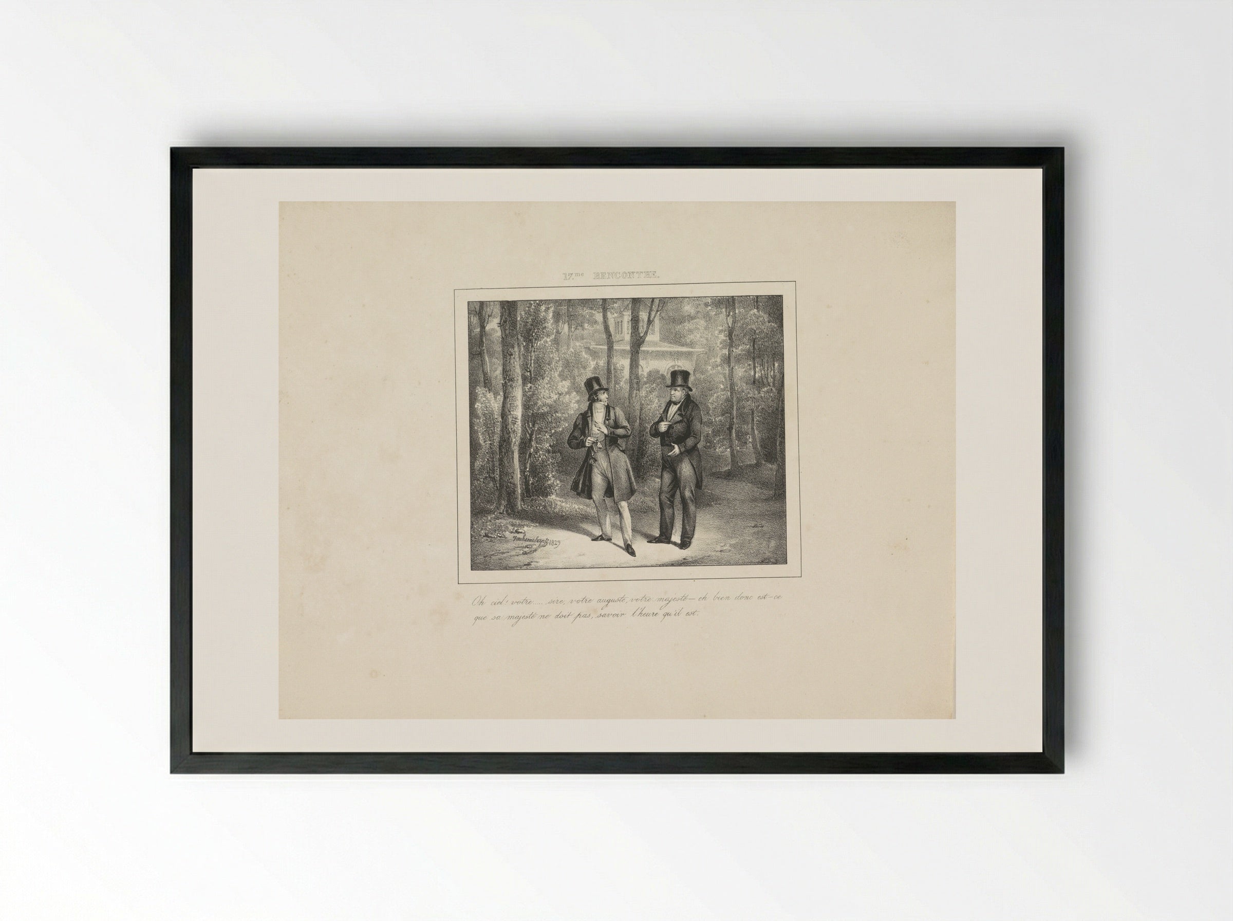 Koning Willem I vraagt een wandelaar de tijd - Jean Baptiste Ambroise Marcellin Jobard - Framed Print Black
