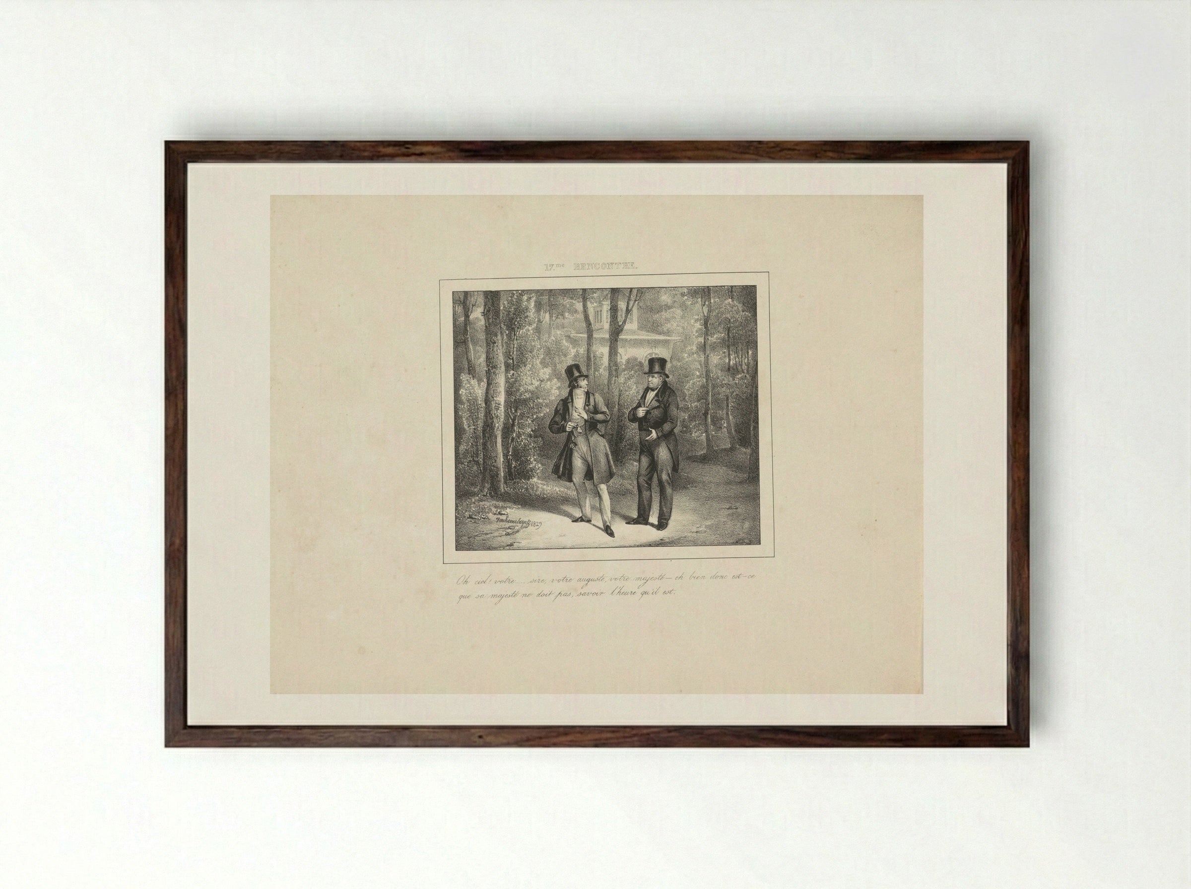Koning Willem I vraagt een wandelaar de tijd - Jean Baptiste Ambroise Marcellin Jobard - Framed Print Dark Wood
