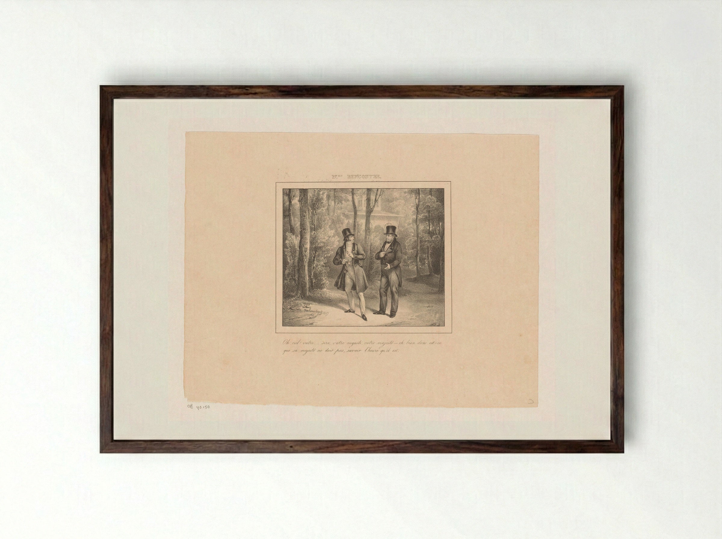 Koning Willem I vraagt een wandelaar hoe laat het is - Jean Baptiste Ambroise Marcellin Jobard - Framed Print Dark Wood