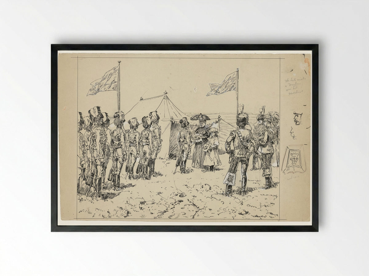 Koningin Emma met prinses Wilhelmina bij een militaire oefening op de Kempenbergerheide - Jan Hoynck van Papendrecht - Framed Print Black