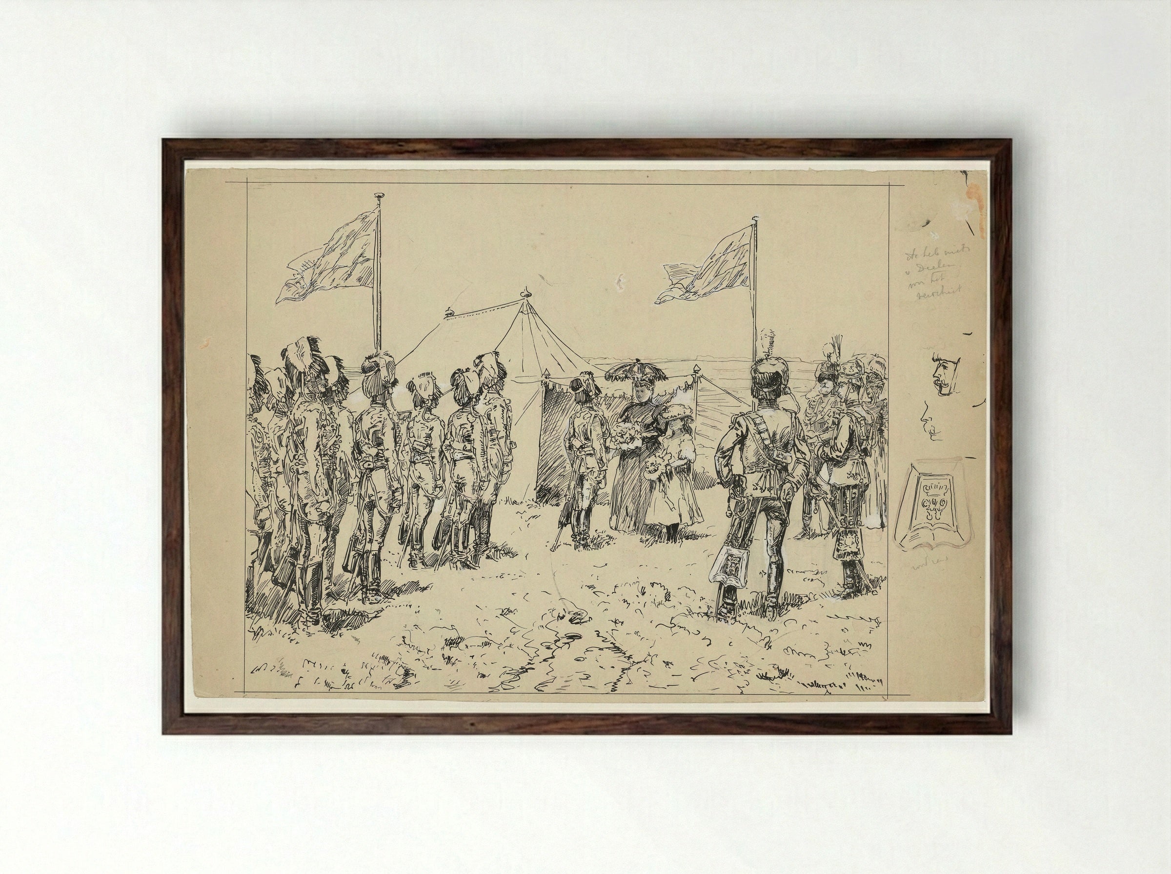 Koningin Emma met prinses Wilhelmina bij een militaire oefening op de Kempenbergerheide - Jan Hoynck van Papendrecht - Framed Print Dark Wood