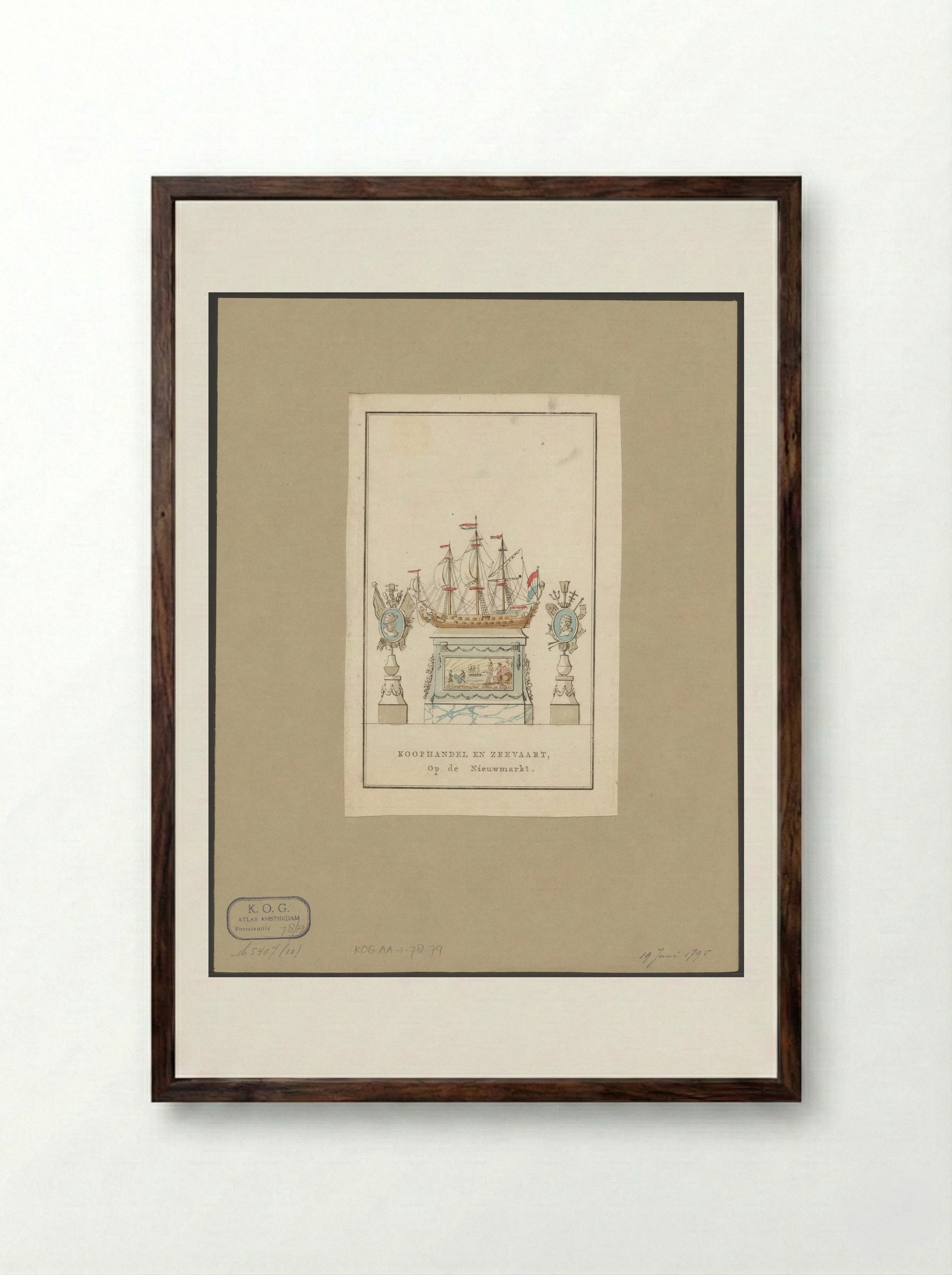 Koophandel en Zeevaart, decoratie op de Nieuwmarkt te Amsterdam - Noach van der Meer (II) - Framed Print Dark Wood