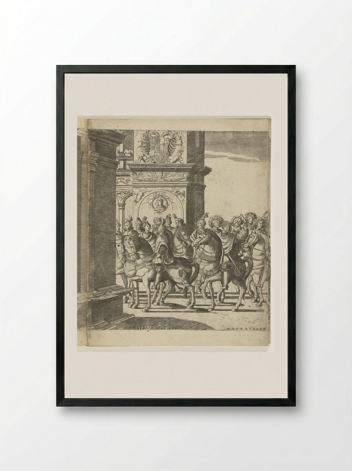 Kop van de stoet bij een triomfpoort, plaat 1 - Nicolaas Hogenberg - Framed Print Black