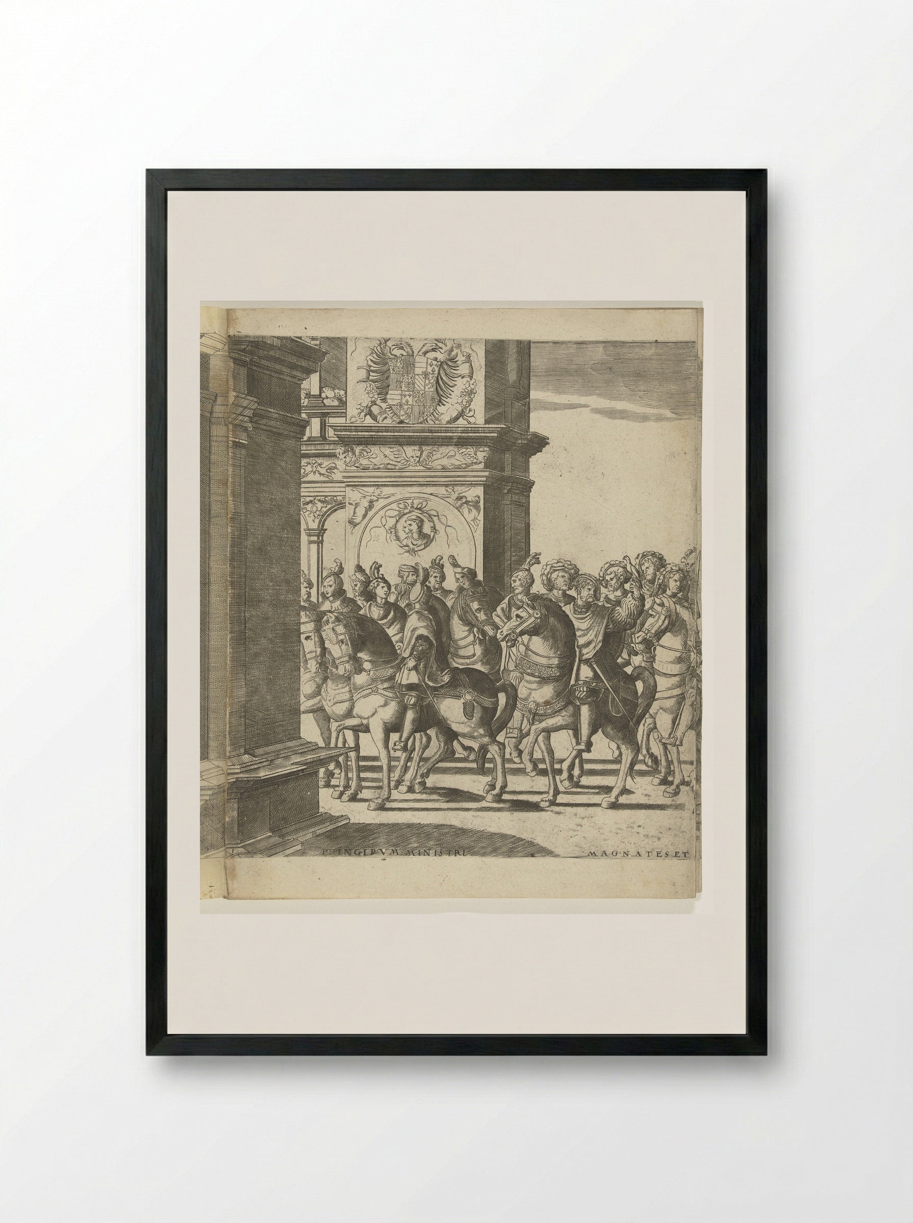 Kop van de stoet bij een triomfpoort, plaat 1 - Nicolaas Hogenberg - Framed Print Black