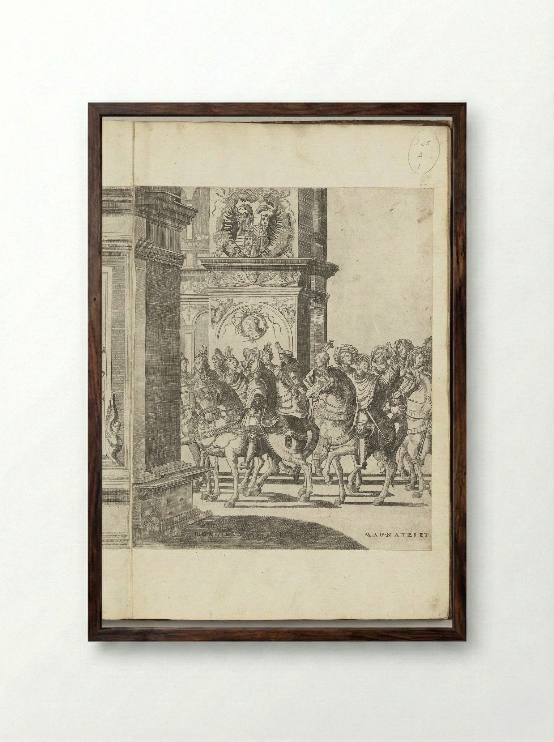 Kop van de stoet bij een triomfpoort, plaat B - Nicolaas Hogenberg - Framed Print Dark Wood