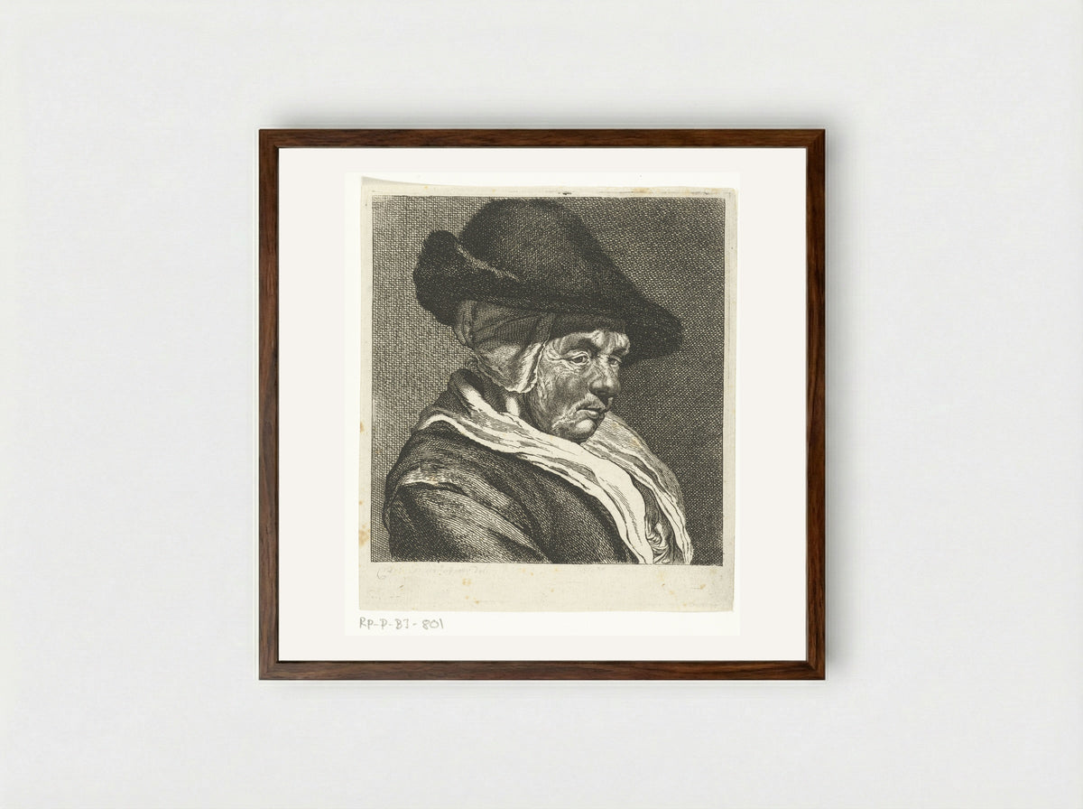 Kop van een oude vrouw met pet - Joannes Bemme - Framed Print Dark Wood