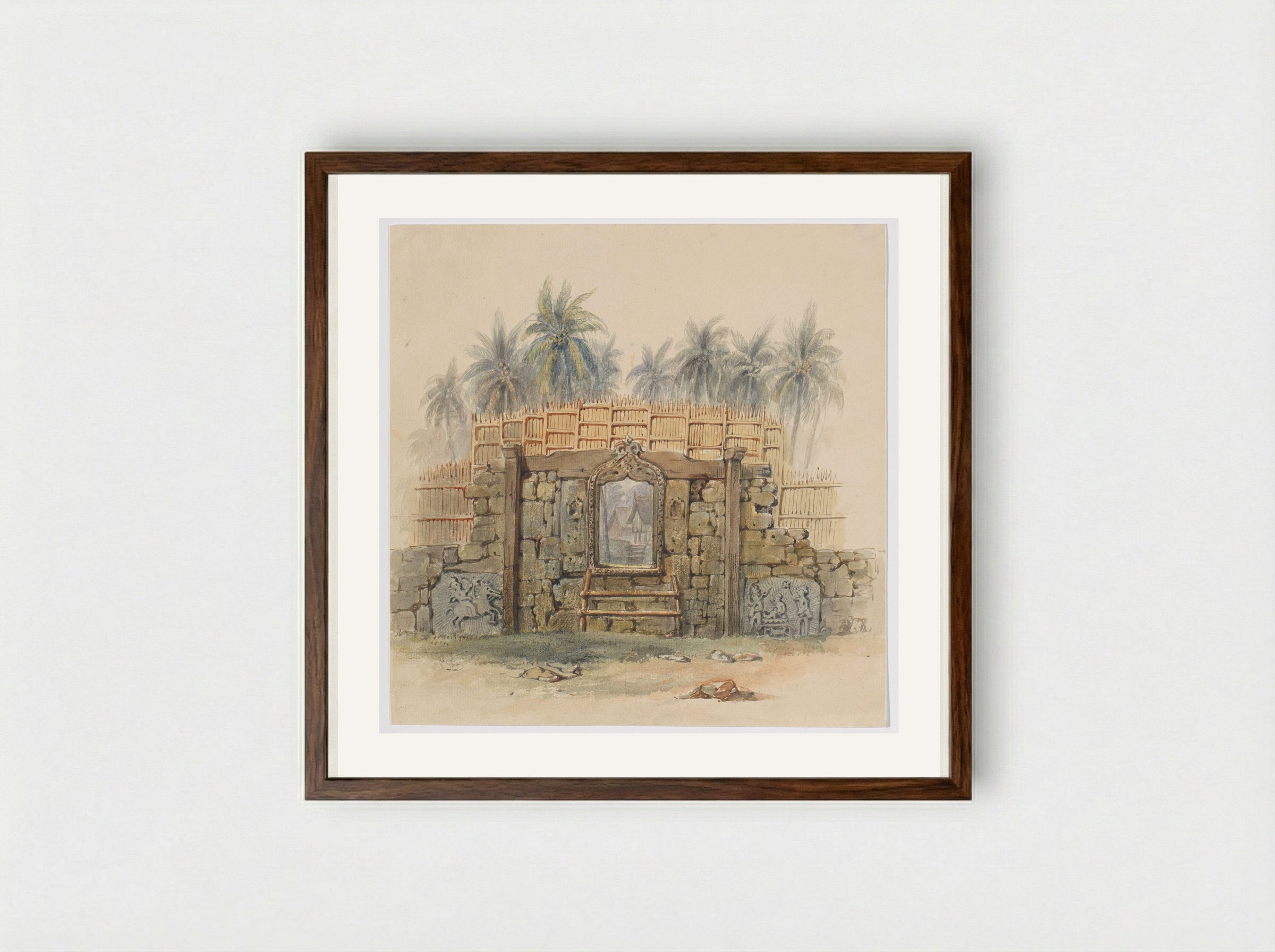 Koraalstenen muur met omlijste opening naar het dorp Dula - Adrianus Johannes Bik - Framed Print Dark Wood