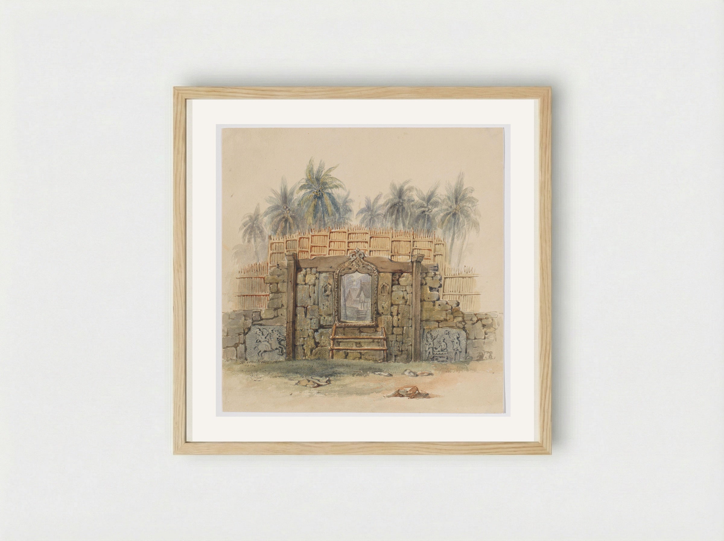 Koraalstenen muur met omlijste opening naar het dorp Dula - Adrianus Johannes Bik - Framed Print Wood