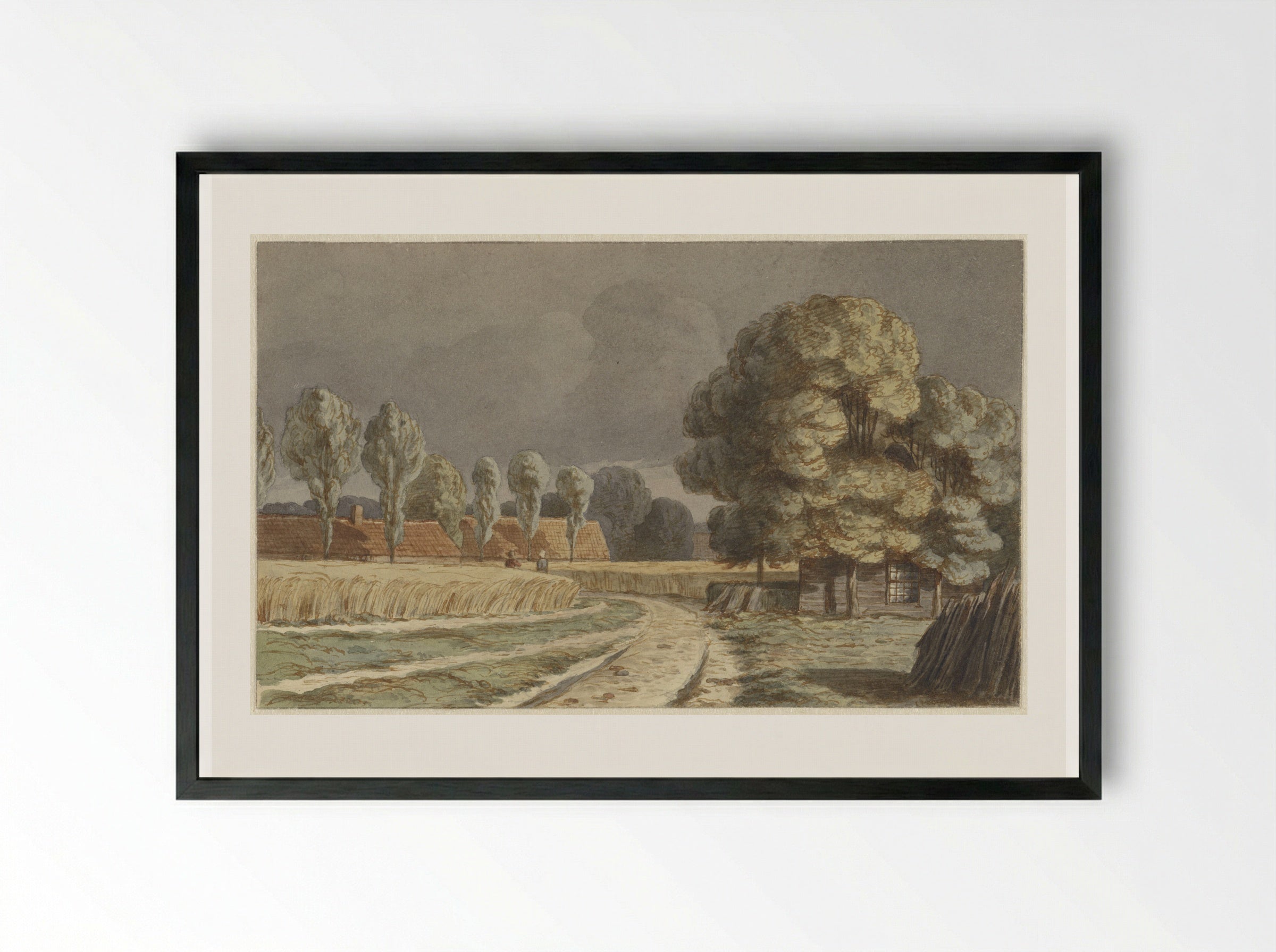 Korenveld tussen huizen onder een dreigende onweerslucht te Hilversum - Hendrik Abraham Klinkhamer - Framed Print Black