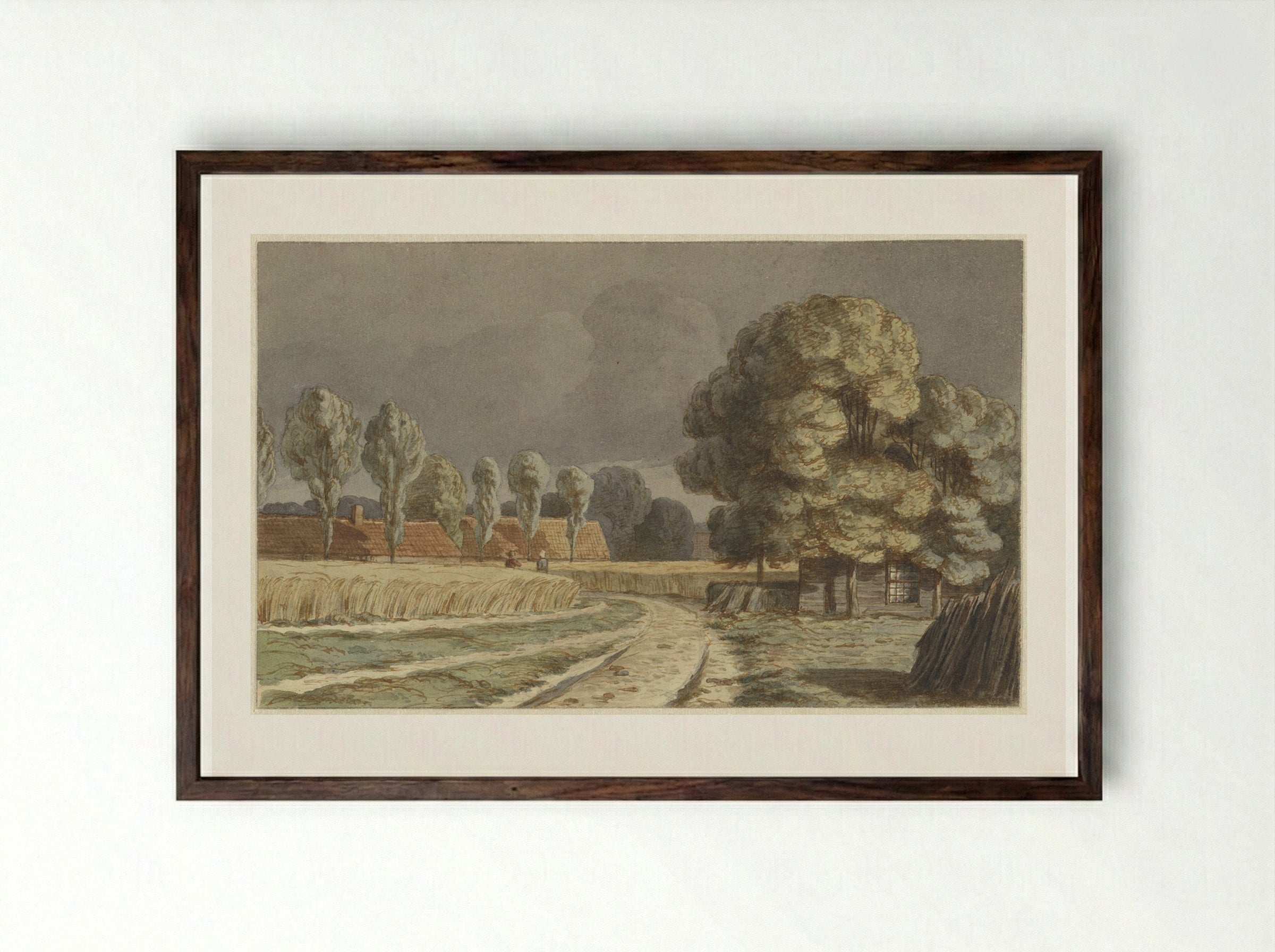 Korenveld tussen huizen onder een dreigende onweerslucht te Hilversum - Hendrik Abraham Klinkhamer - Framed Print Dark Wood