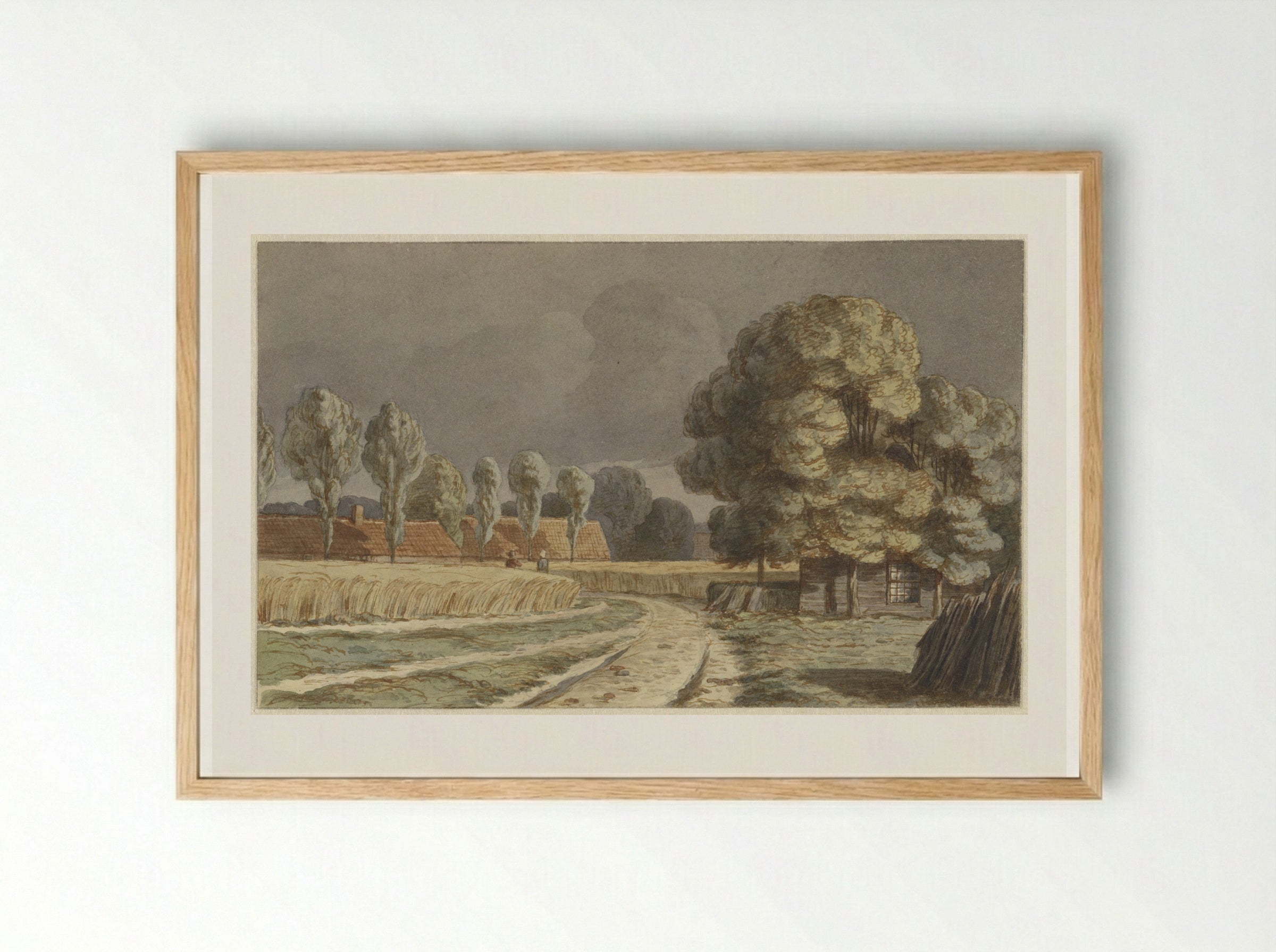 Korenveld tussen huizen onder een dreigende onweerslucht te Hilversum - Hendrik Abraham Klinkhamer - Framed Print Wood