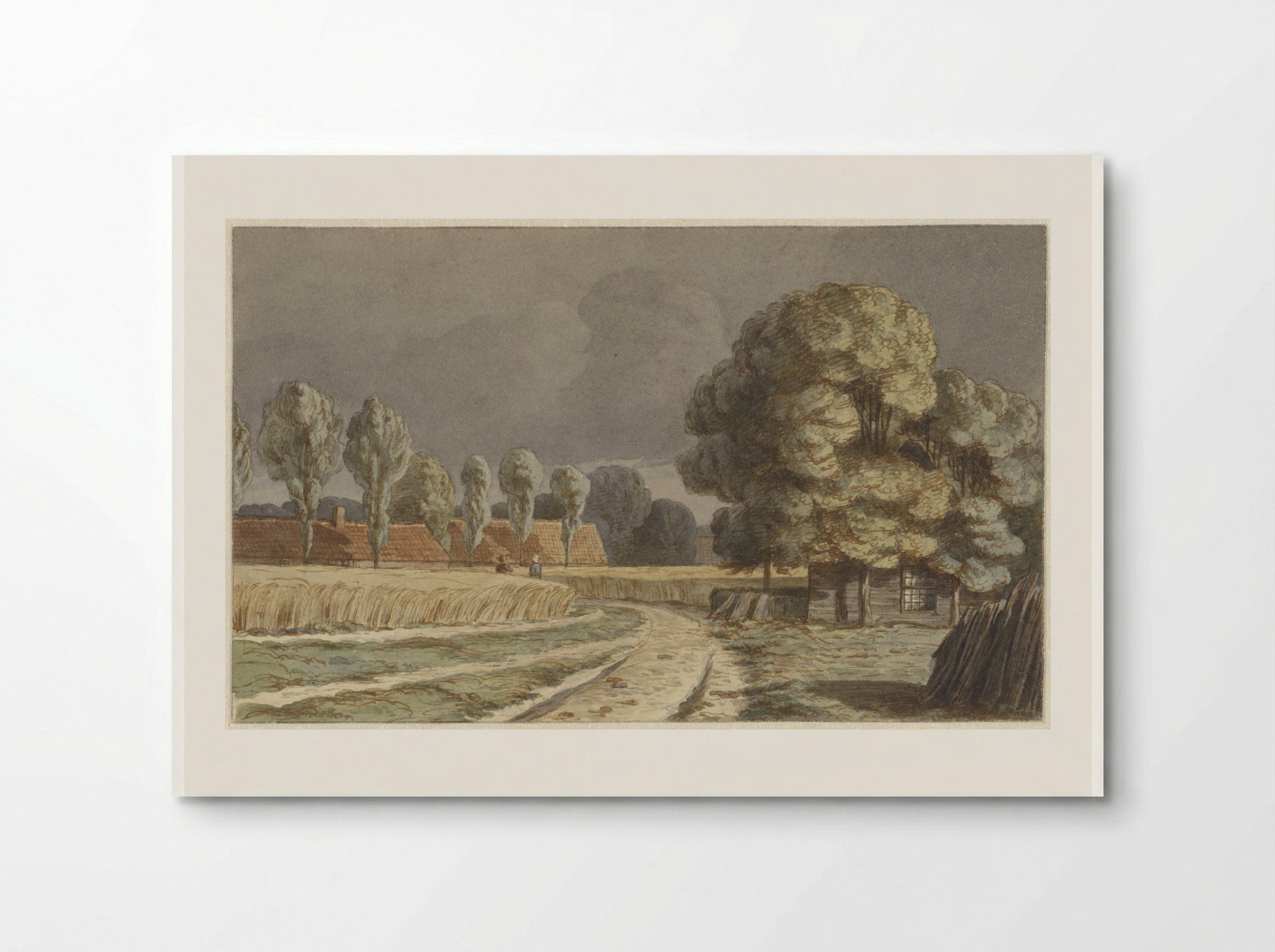Korenveld tussen huizen onder een dreigende onweerslucht te Hilversum - Hendrik Abraham Klinkhamer - Poster