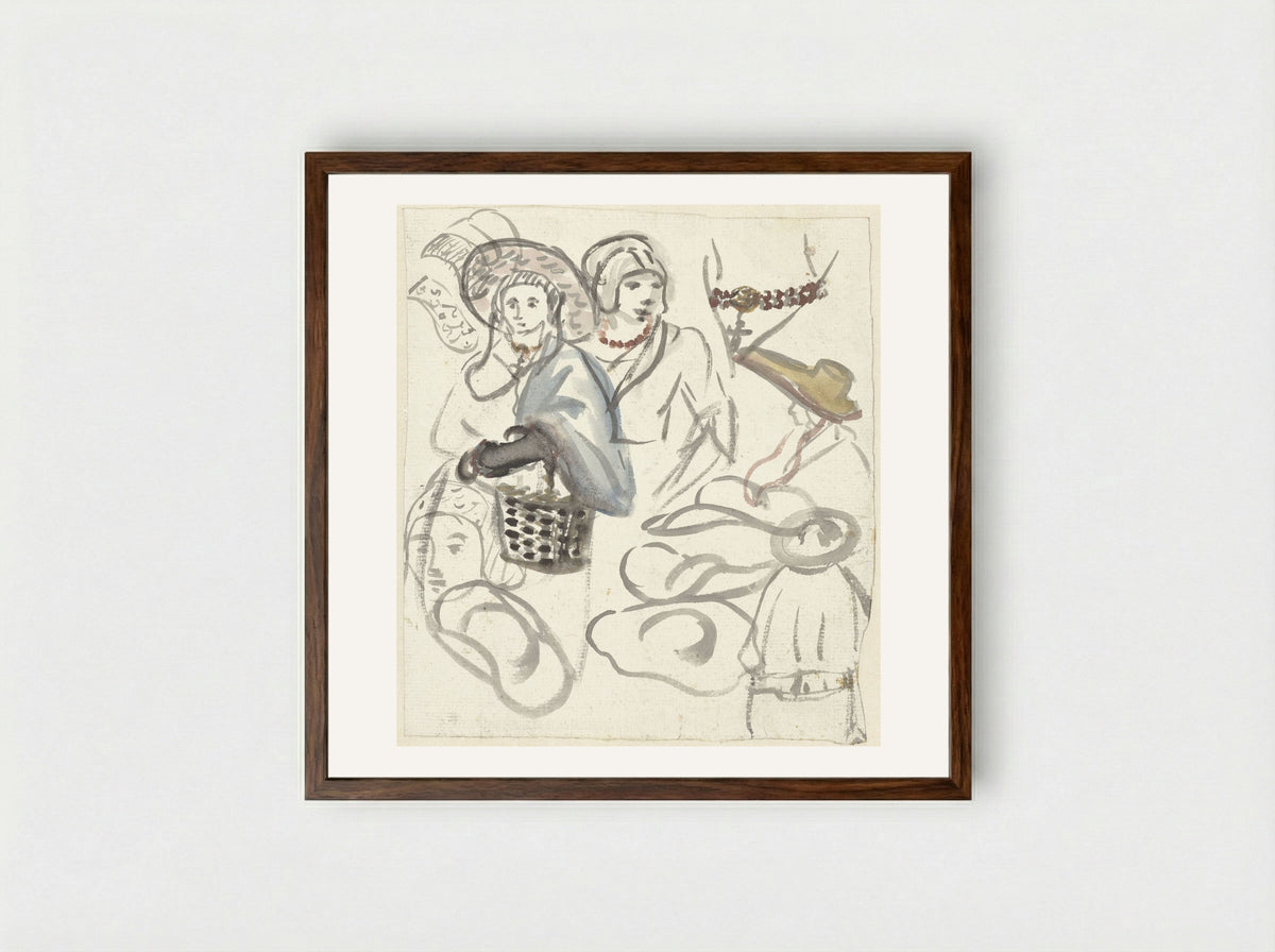 Kostuumstudies van boerinnen - Simon Andreas Krausz - Framed Print Dark Wood