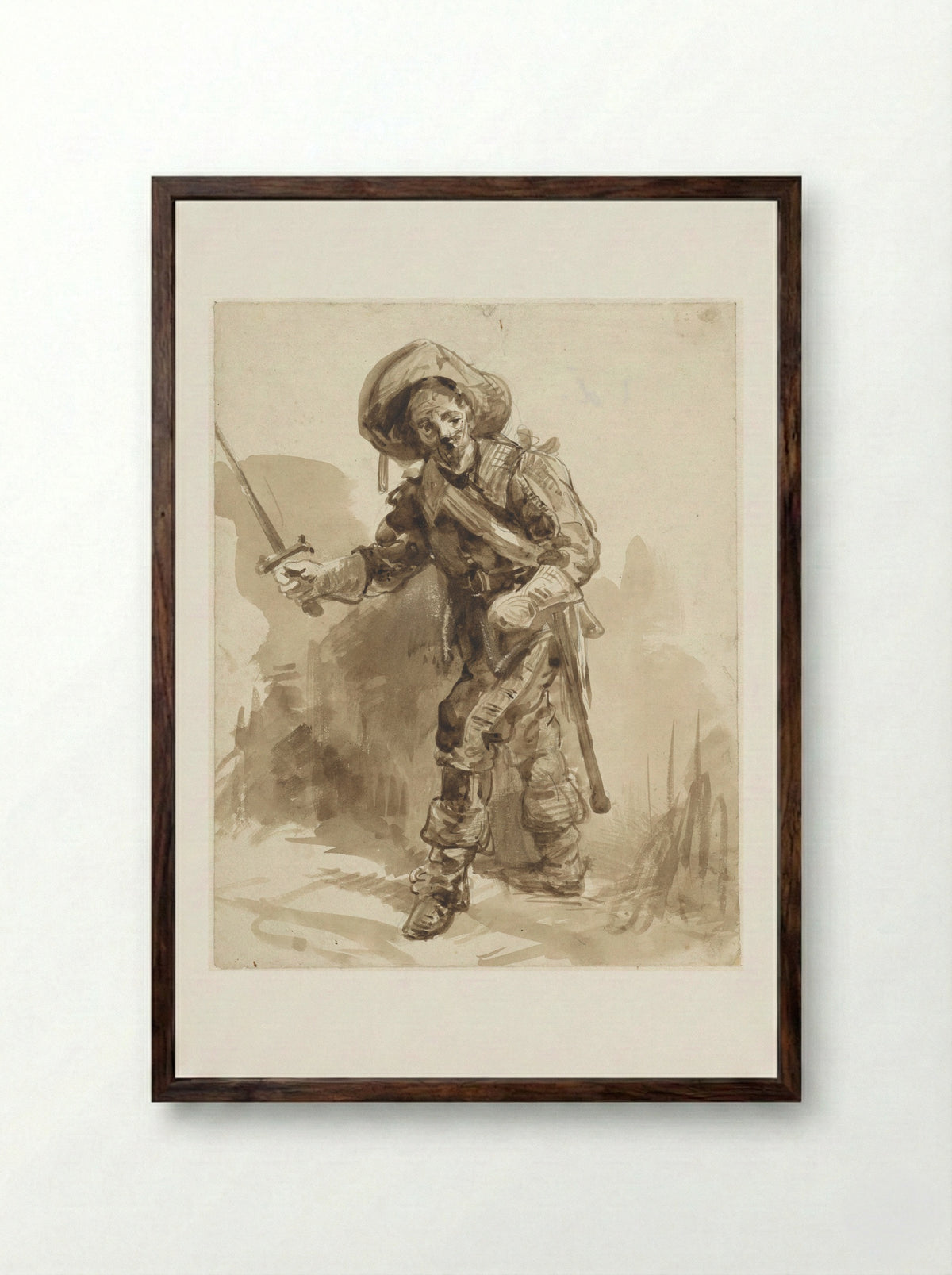 Krijgsman met getrokken zwaard - Jacobus Pelgrom - Framed Print Dark Wood