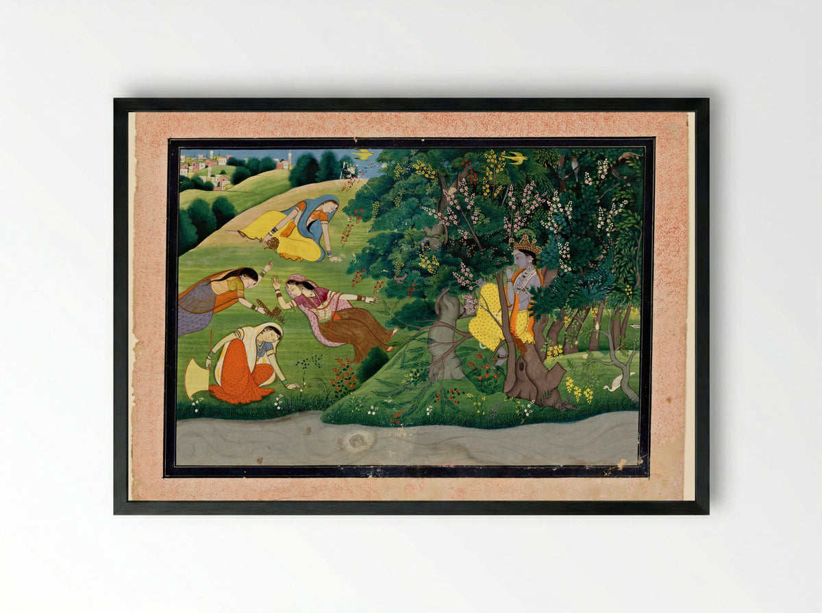 Krishna Fluting for the Gopis - Unknown Indian Artist - Framed Print Black