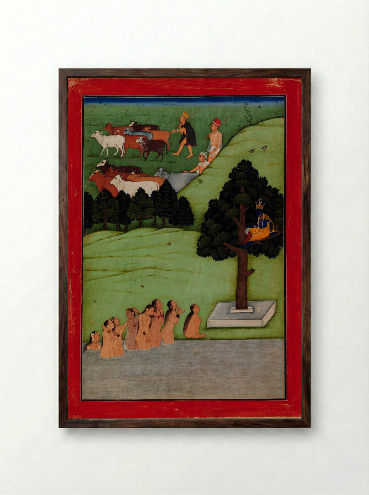 Krishna Steals the Clothing of the Gopis - The Early Master at the Court of Mandi - Framed Print Dark Wood