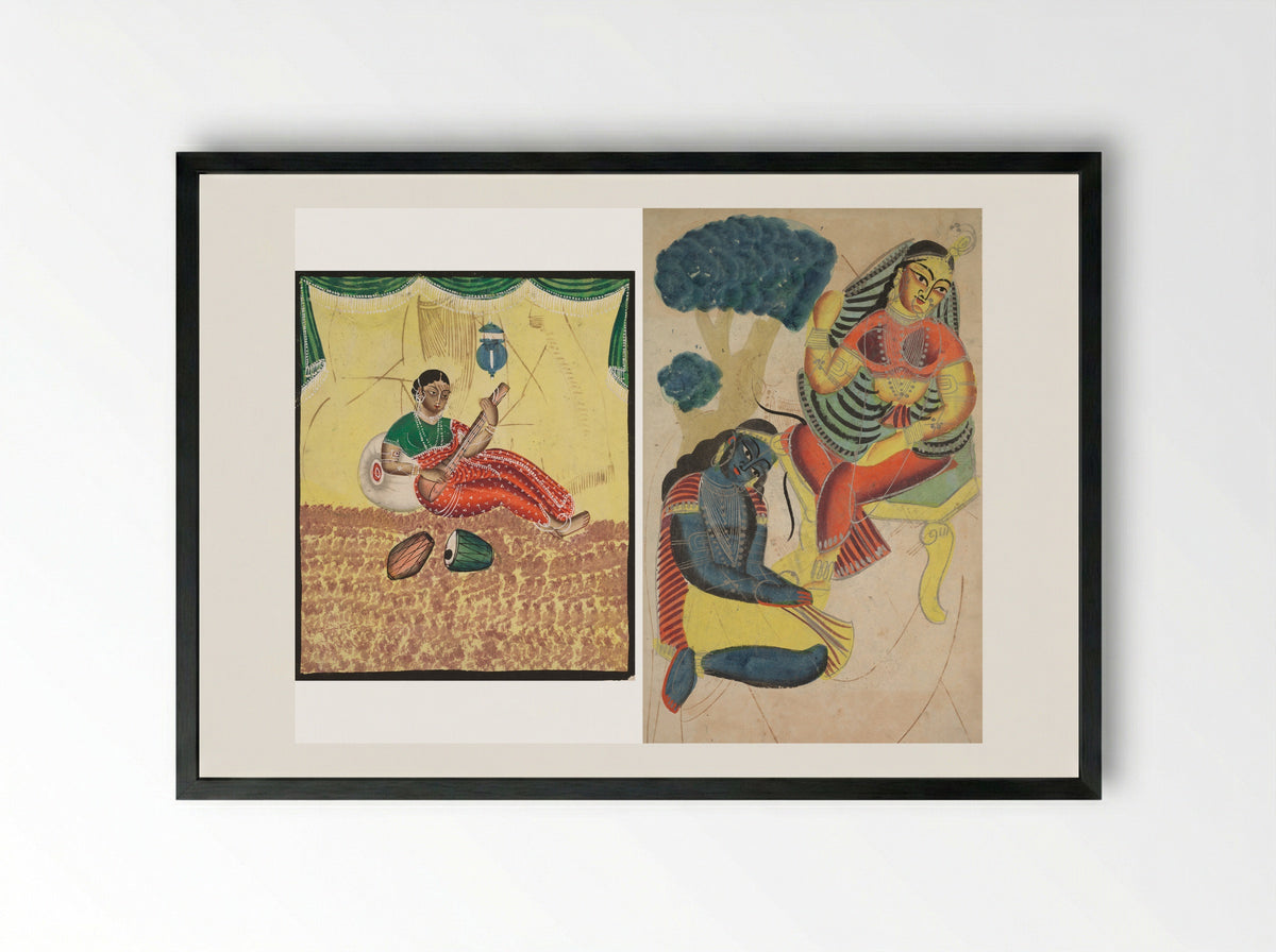 Krishna Stroking Radha's Feet - Fine Art Print - Framed Print Black