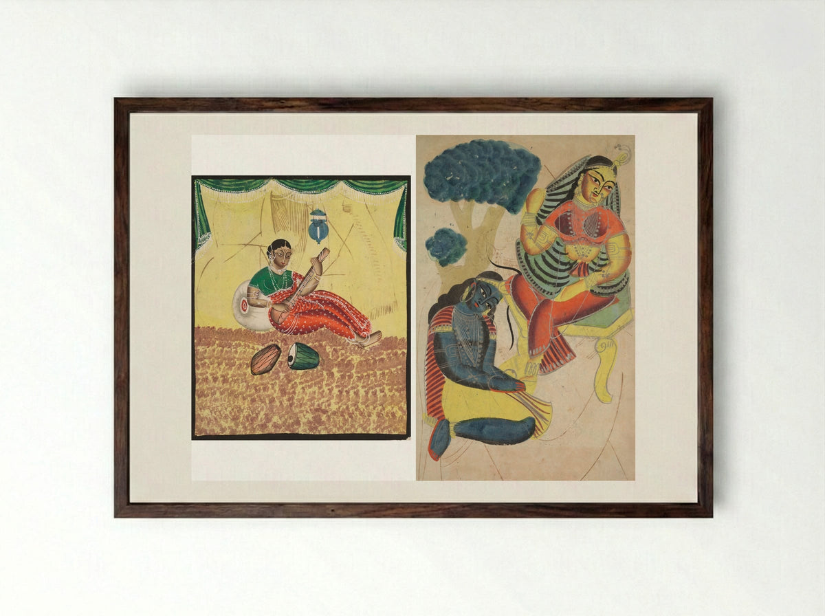 Krishna Stroking Radha's Feet - Fine Art Print - Framed Print Dark Wood