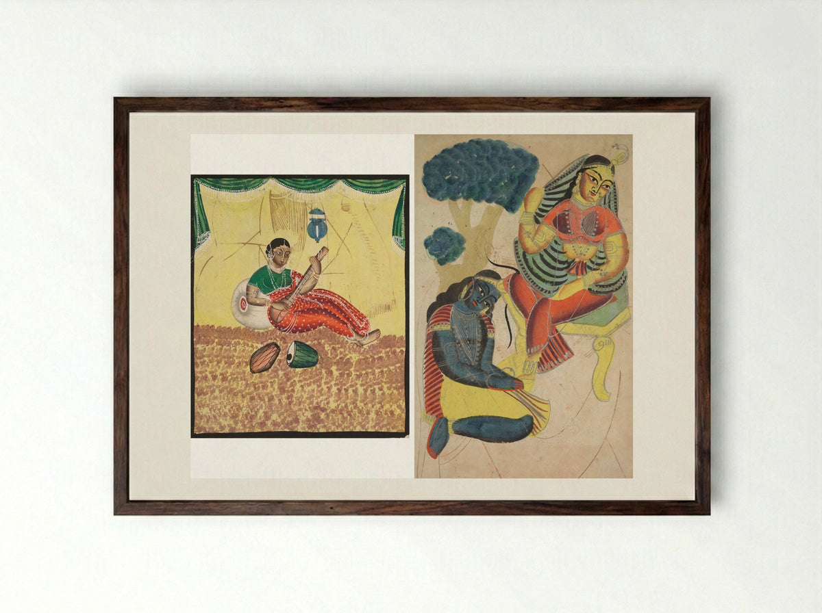 Krishna Stroking Radha's Feet - Fine Art Print - Framed Print Dark Wood