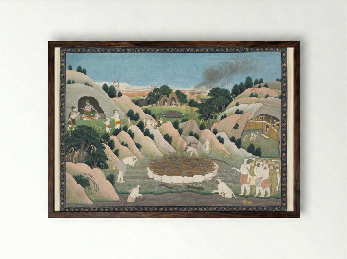 Krishna Subduing Kaliya, the Snake Demon - First generation after Manaku and Nainsukh - Framed Print Dark Wood