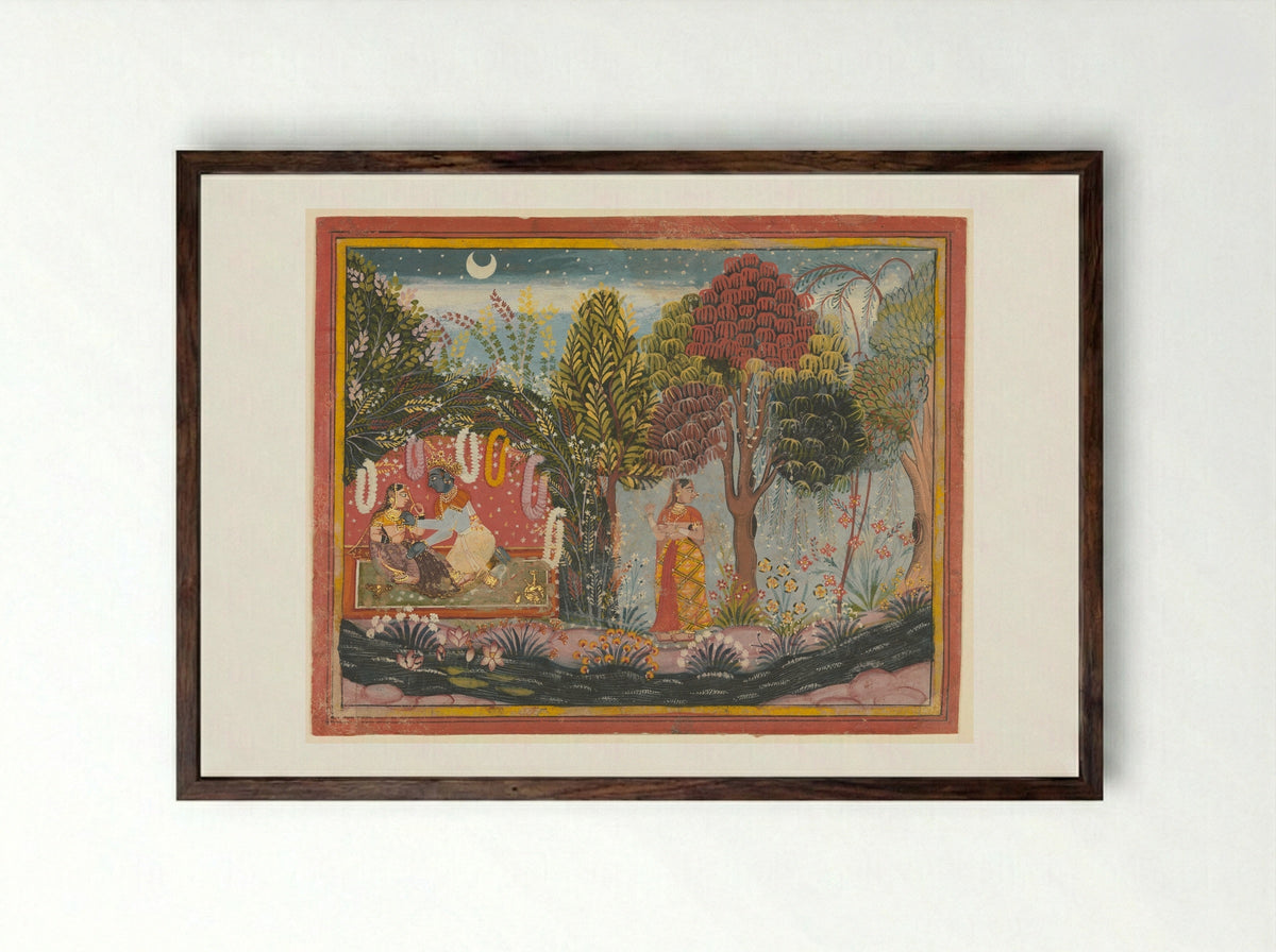 Krishna and Radha in a Bower - Sahibdin - Framed Print Dark Wood
