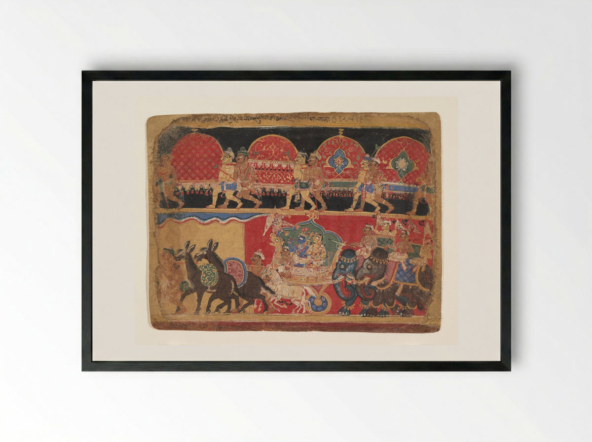 Krishna and the Kshatriya Maidens Proceed to Dvaraka - Sa Nana - Framed Print Black