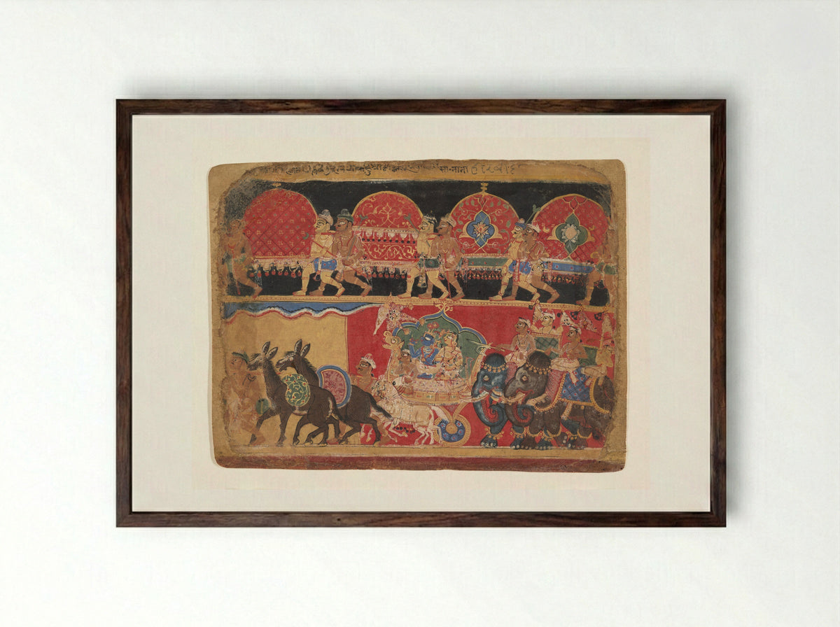 Krishna and the Kshatriya Maidens Proceed to Dvaraka - Sa Nana - Framed Print Dark Wood